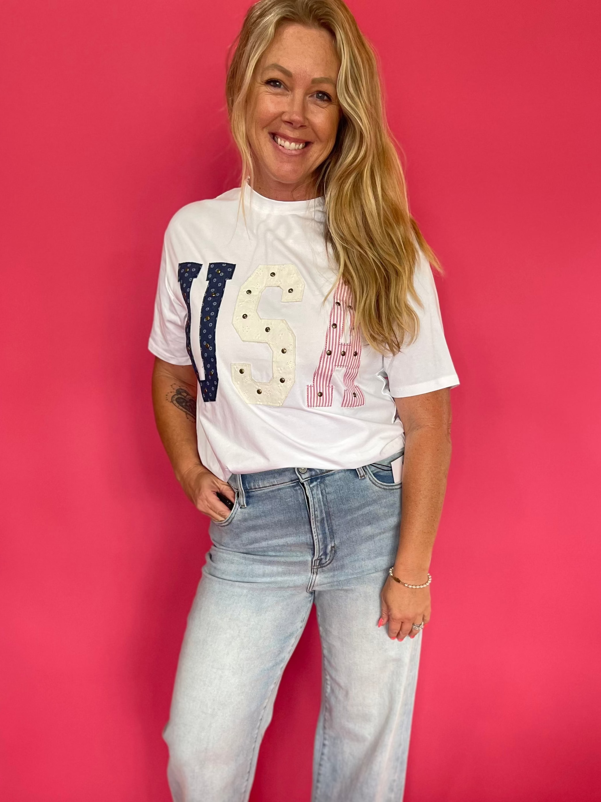 Mixed-Media Studded USA Graphic Tee