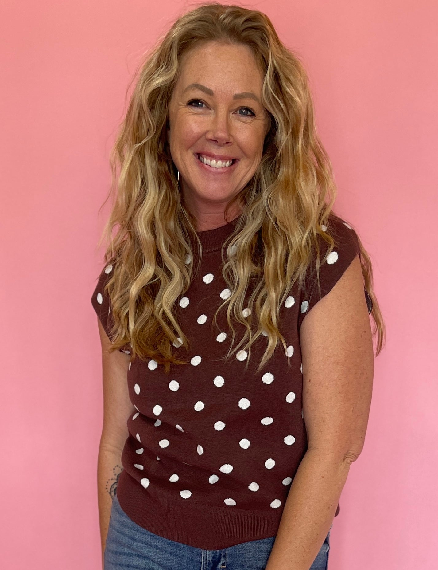 Mocha Polka Dot Cap Sleeve Sweater