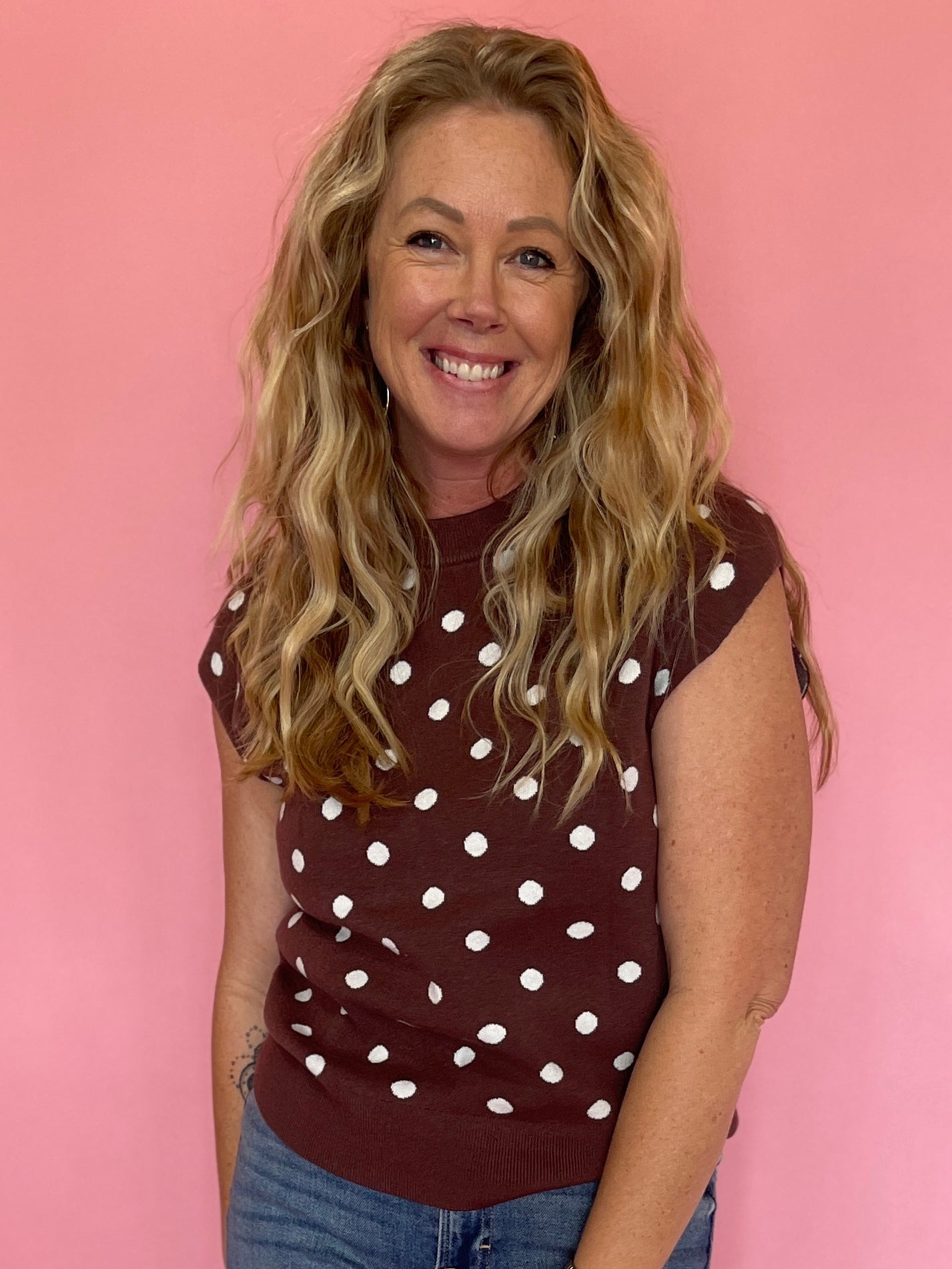 Mocha Polka Dot Cap Sleeve Sweater