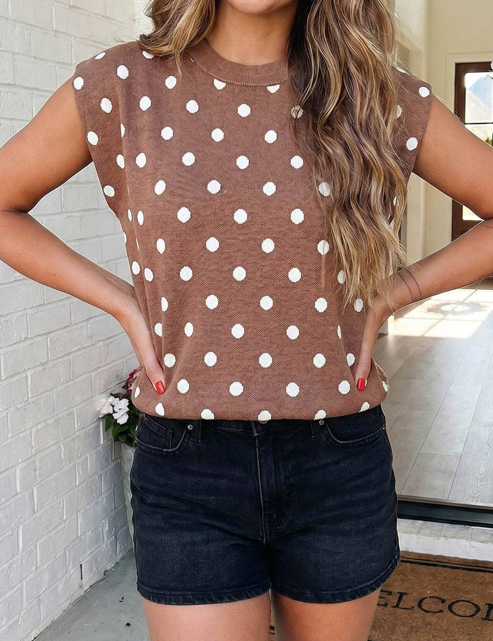 Mocha Polka Dot Cap Sleeve Sweater
