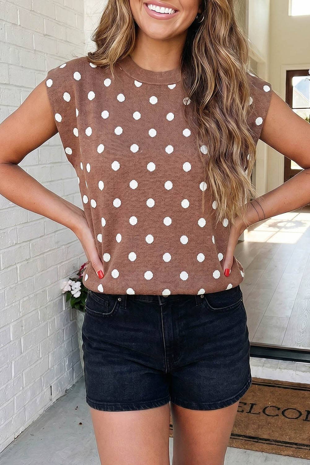 Mocha Polka Dot Cap Sleeve Sweater