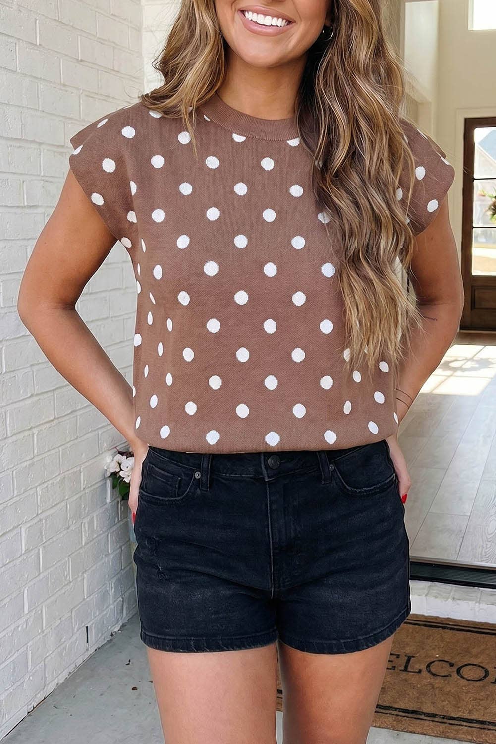 Mocha Polka Dot Cap Sleeve Sweater