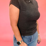 Mock Neck Cap Sleeve Heathered Knit Top - Charcoal
