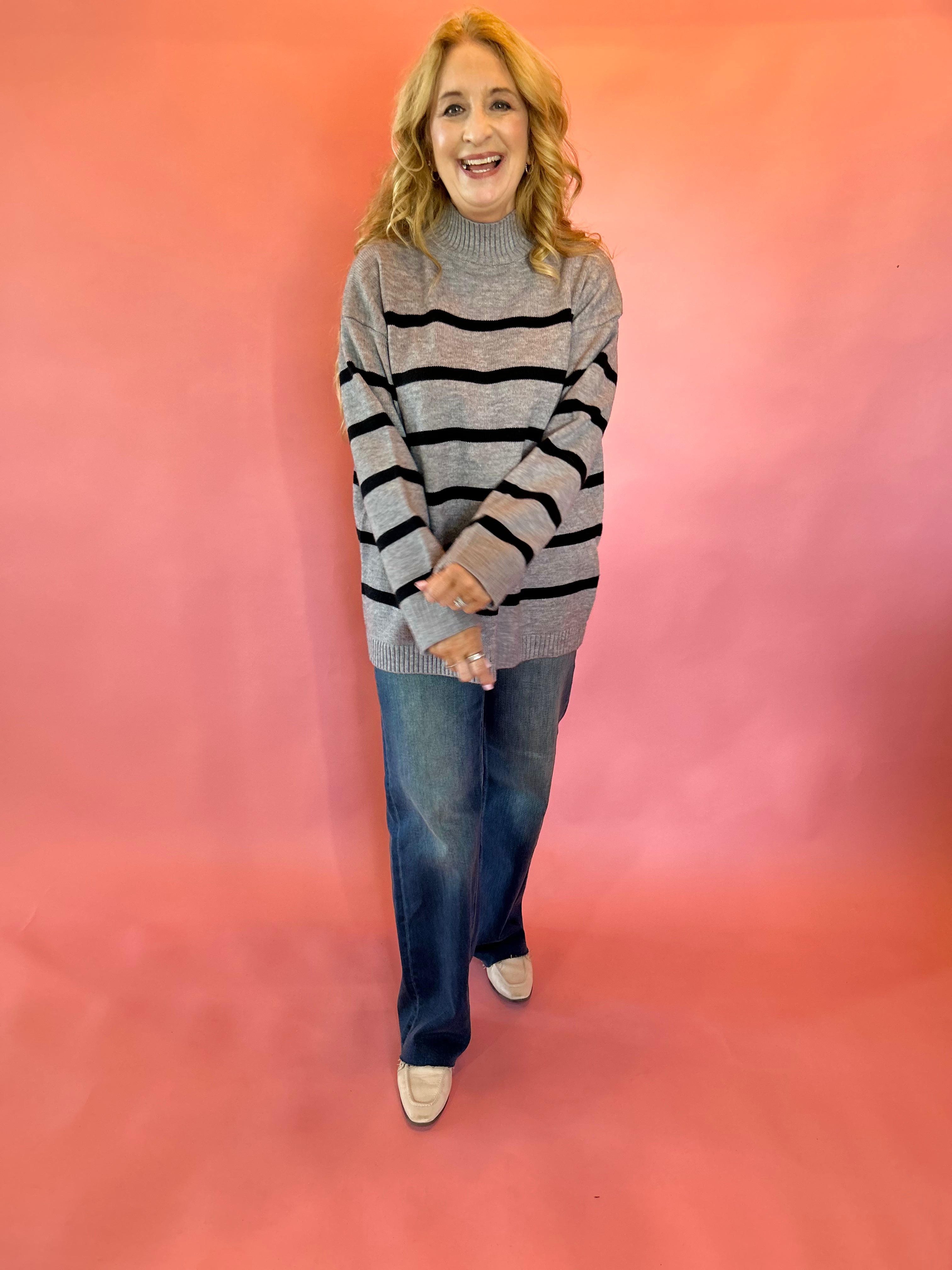 Morning Stripes High Neck Sweater in Charcoal