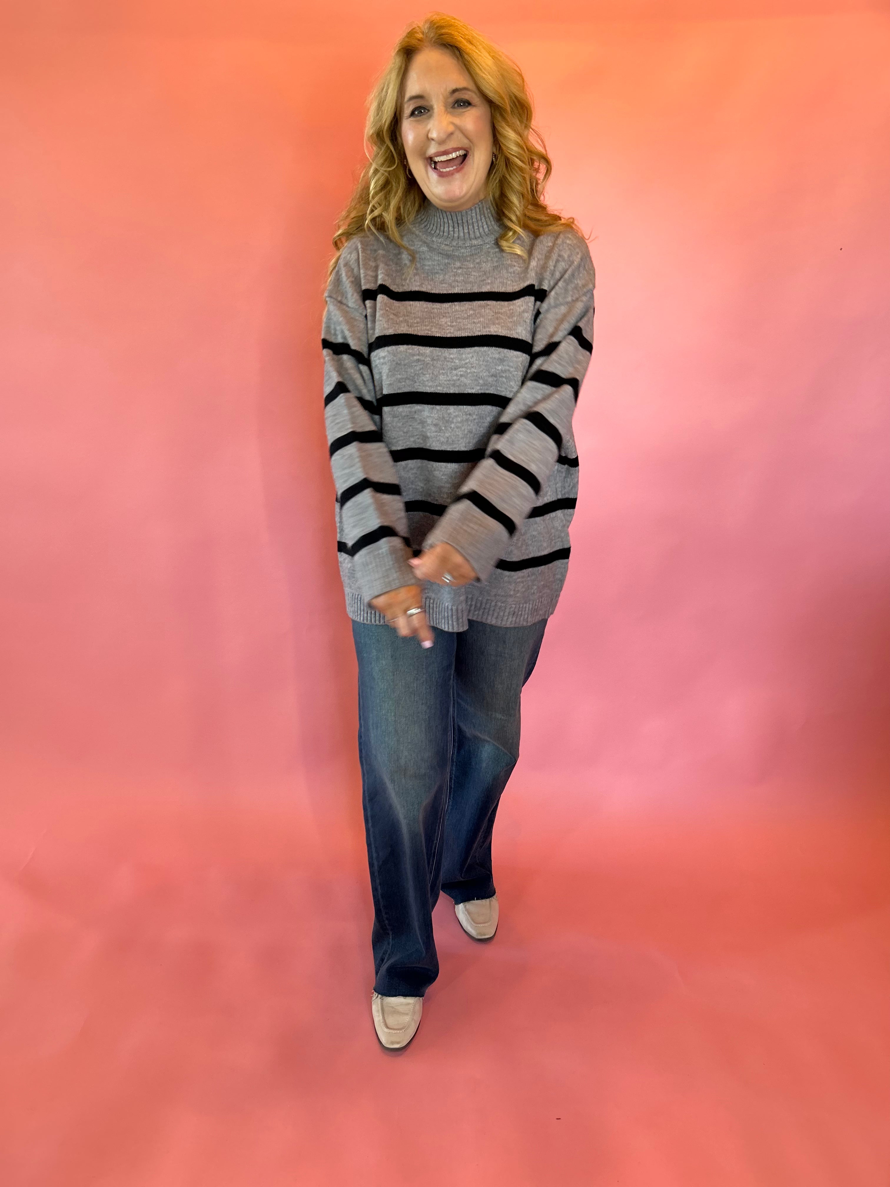 Morning Stripes High Neck Sweater in Charcoal