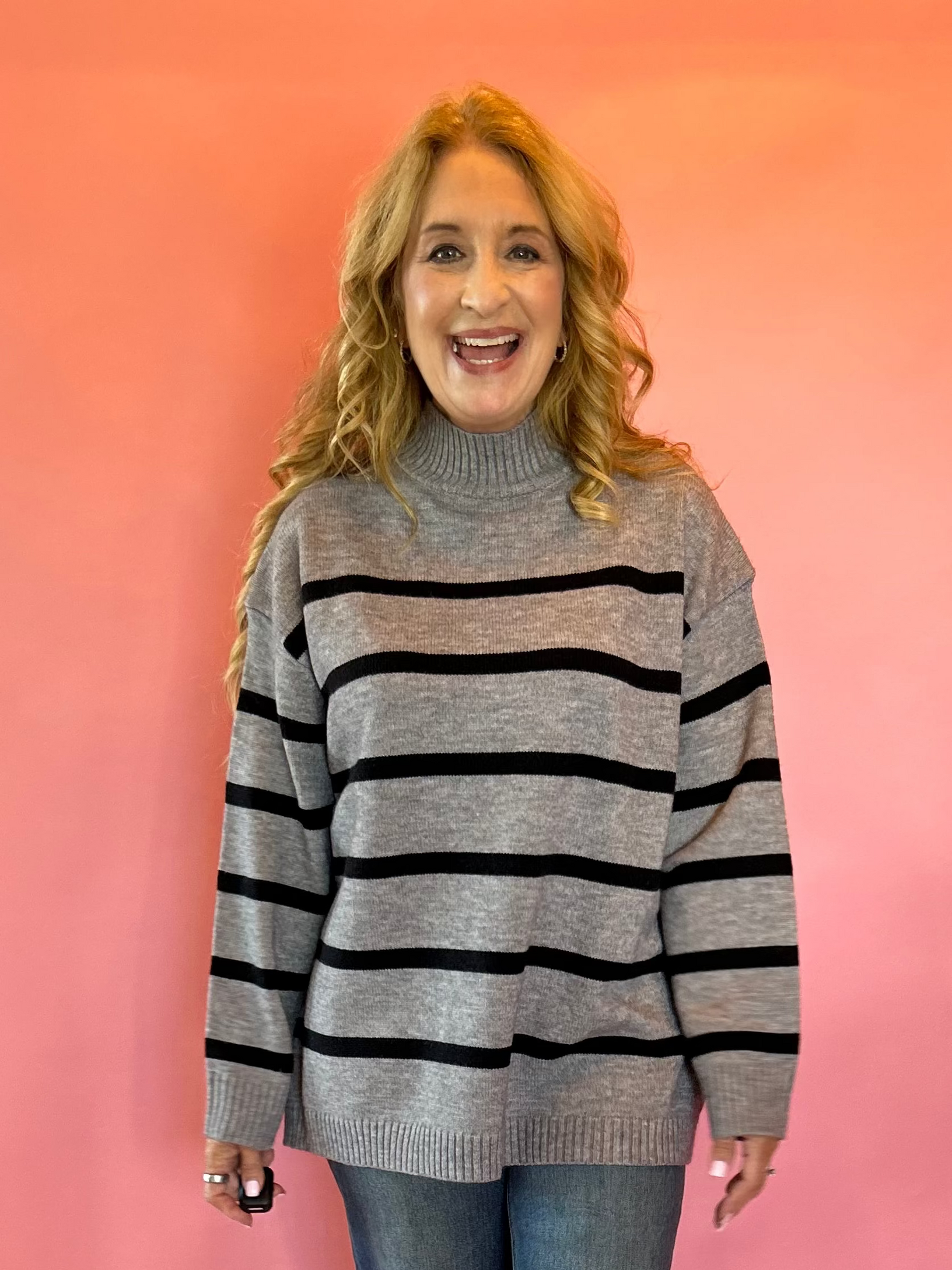 Morning Stripes High Neck Sweater in Charcoal