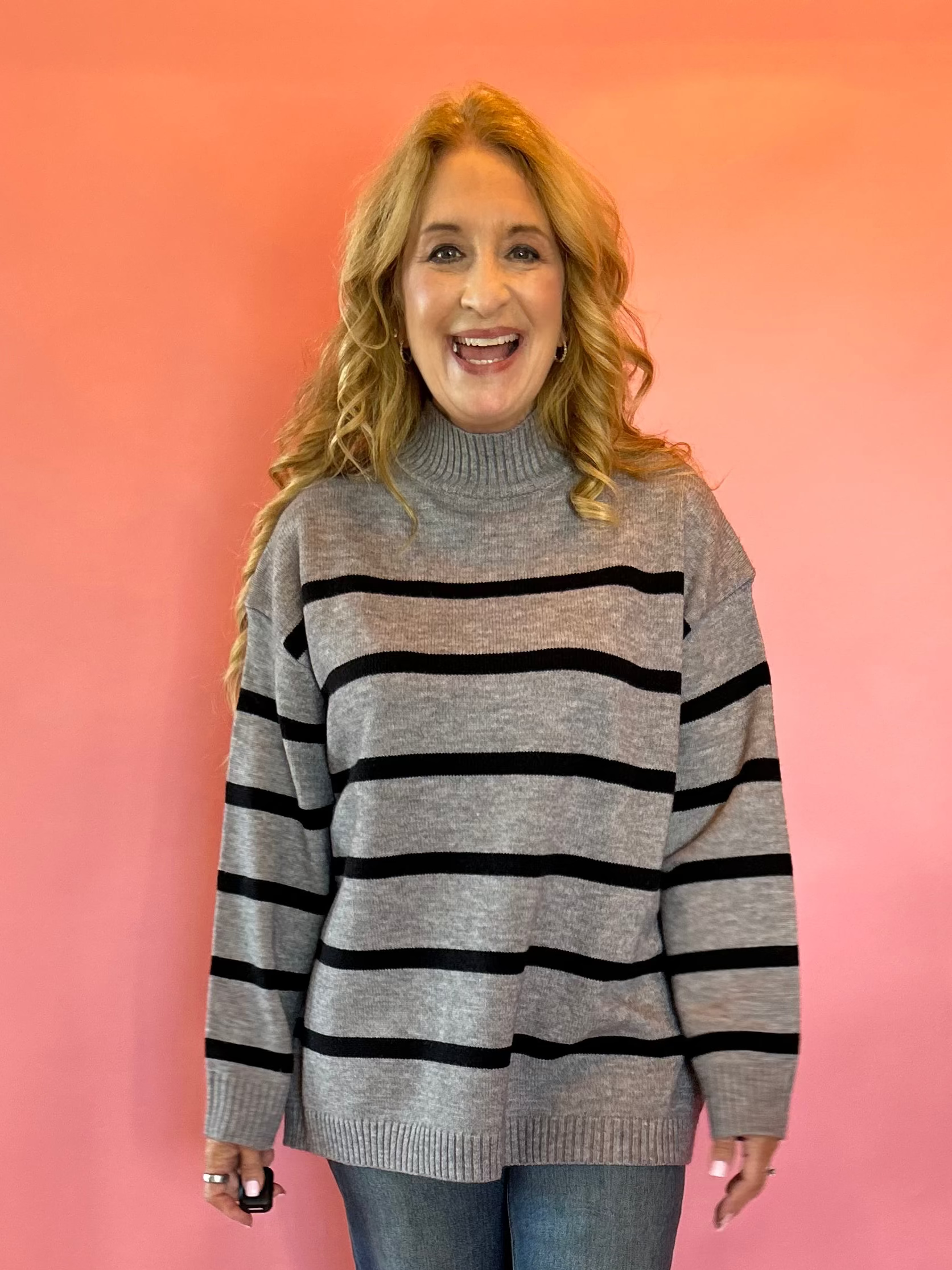 Morning Stripes High Neck Sweater in Charcoal