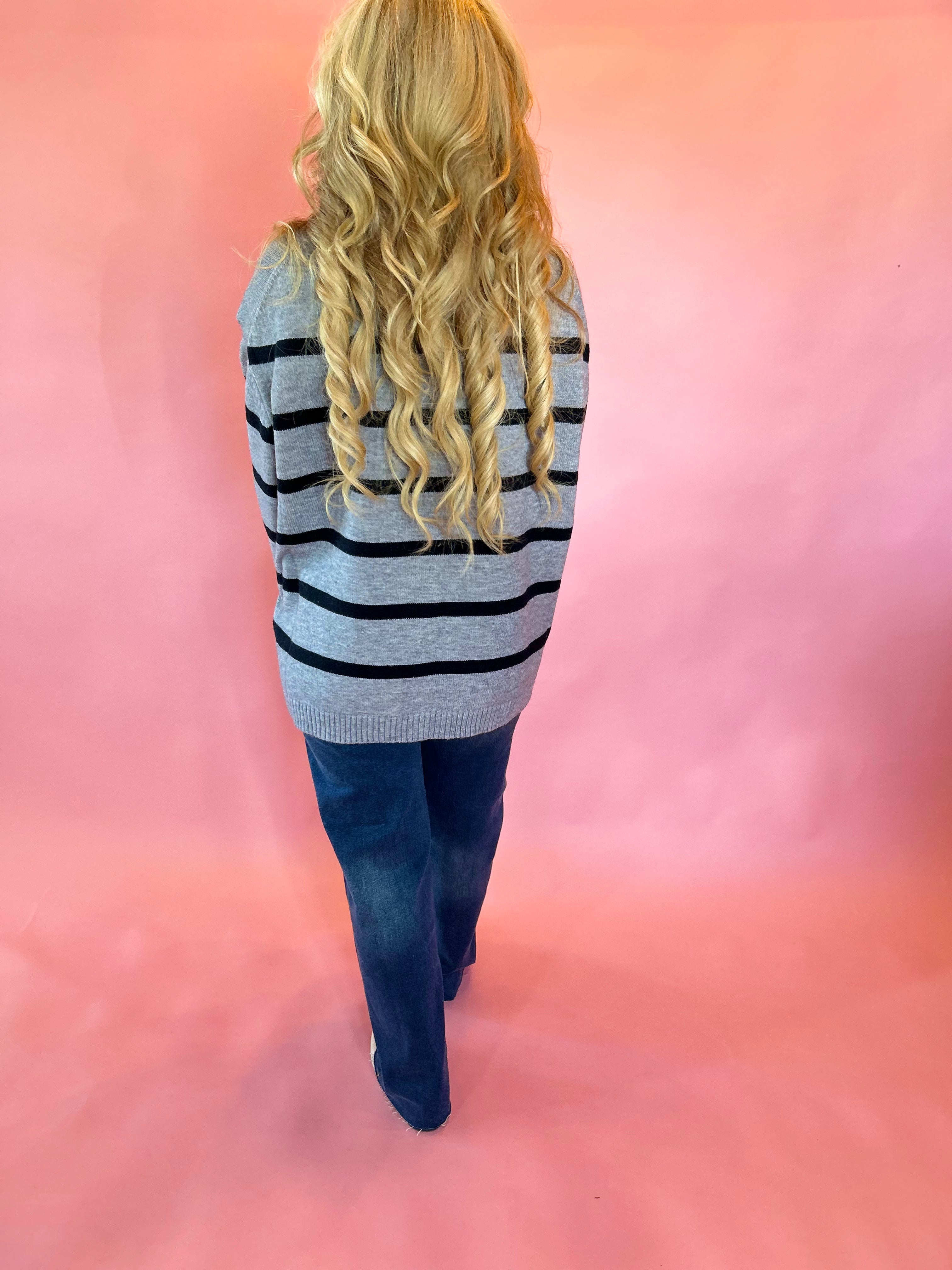 Morning Stripes High Neck Sweater in Charcoal