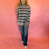 Morning Stripes High Neck Sweater in Charcoal