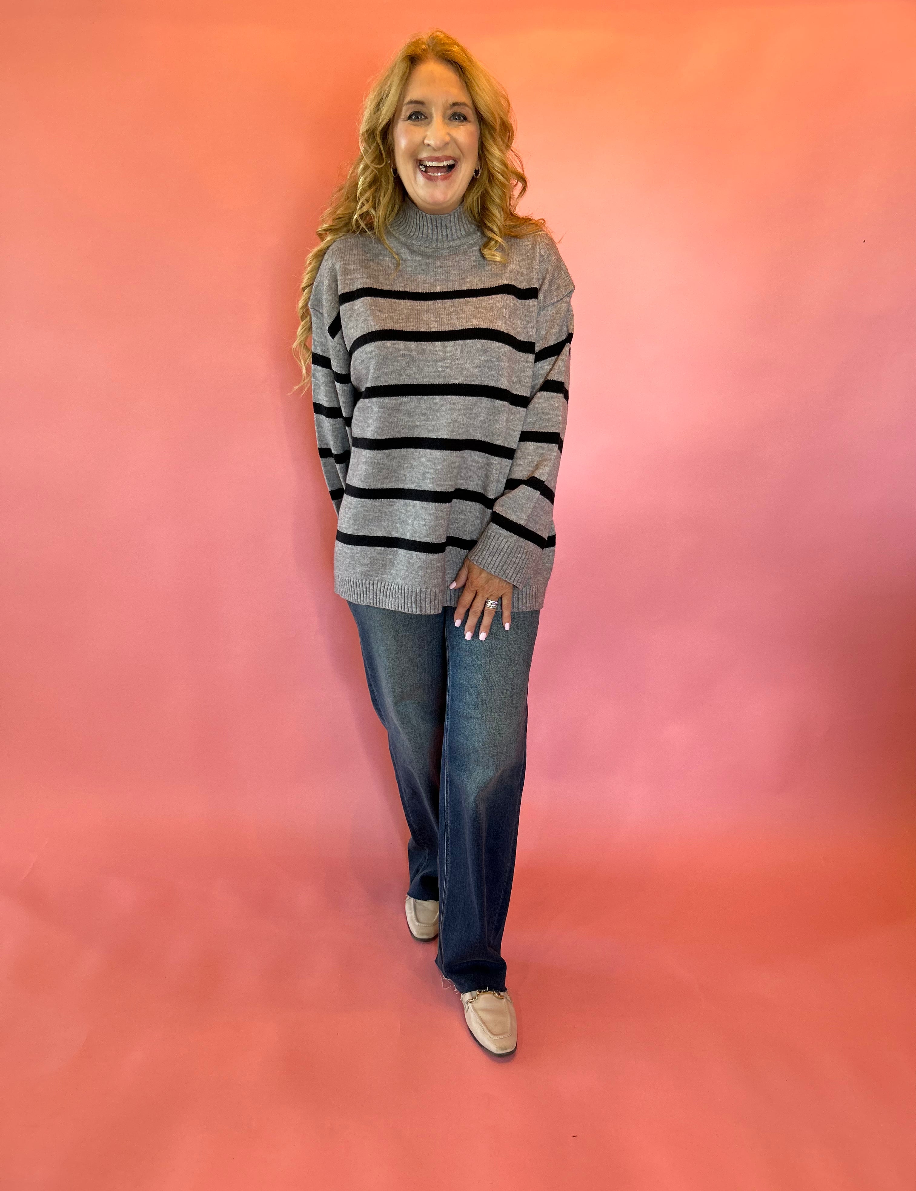 Morning Stripes High Neck Sweater in Charcoal