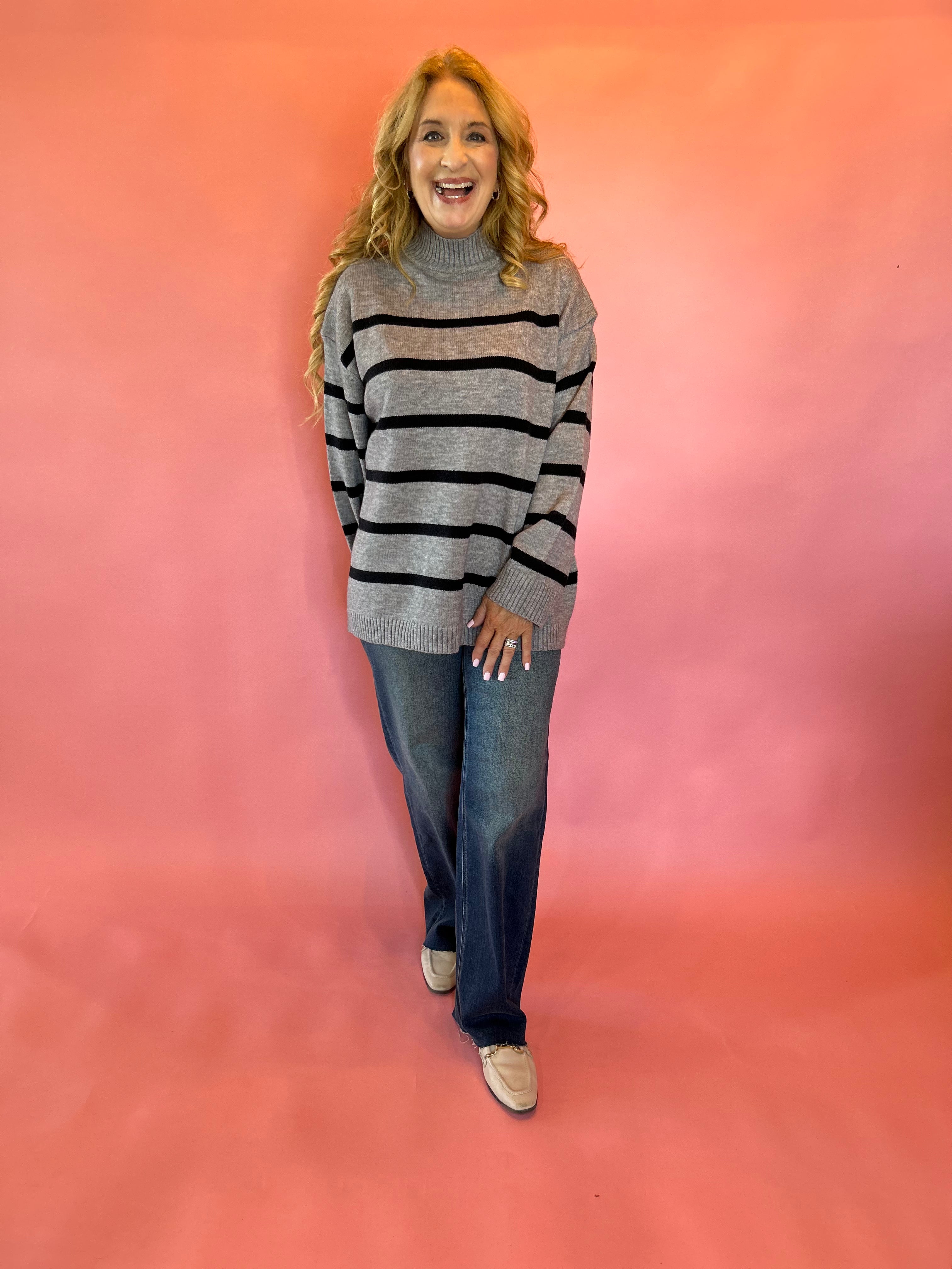 Morning Stripes High Neck Sweater in Charcoal