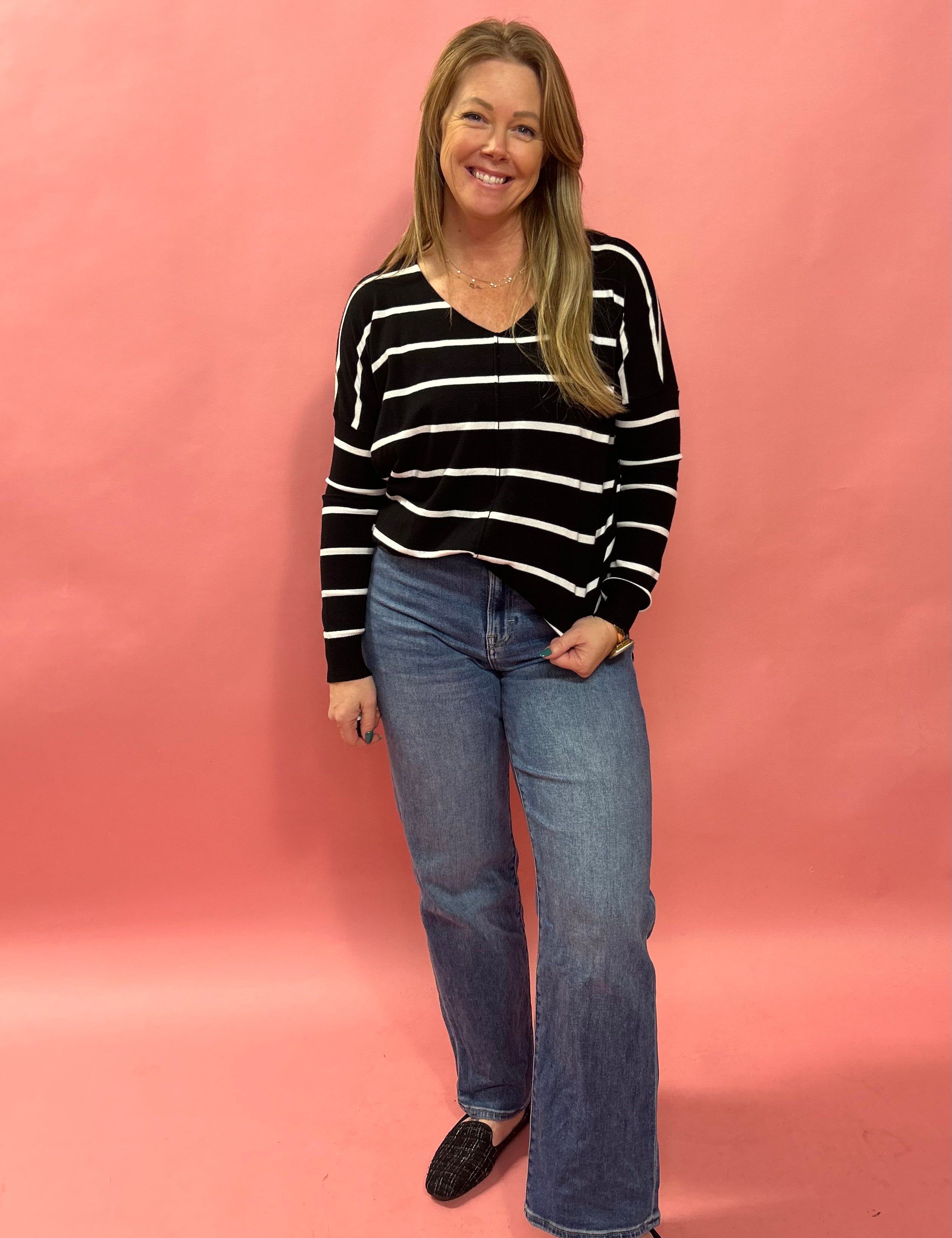 My Favorite V-Neck Soft Knit Sweater in Black and White Striped