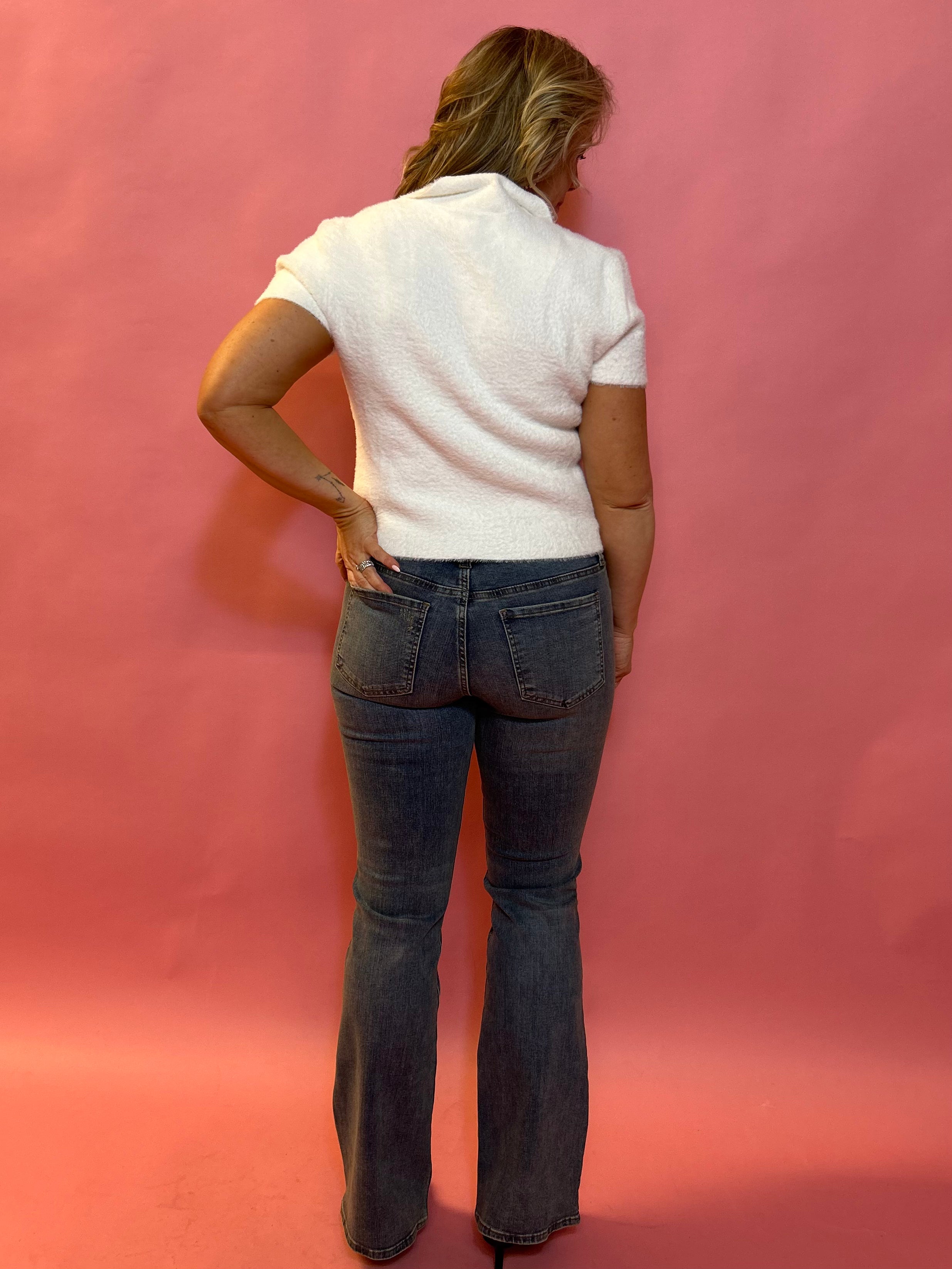 Natalie Mid Rise Flare in Med Wash