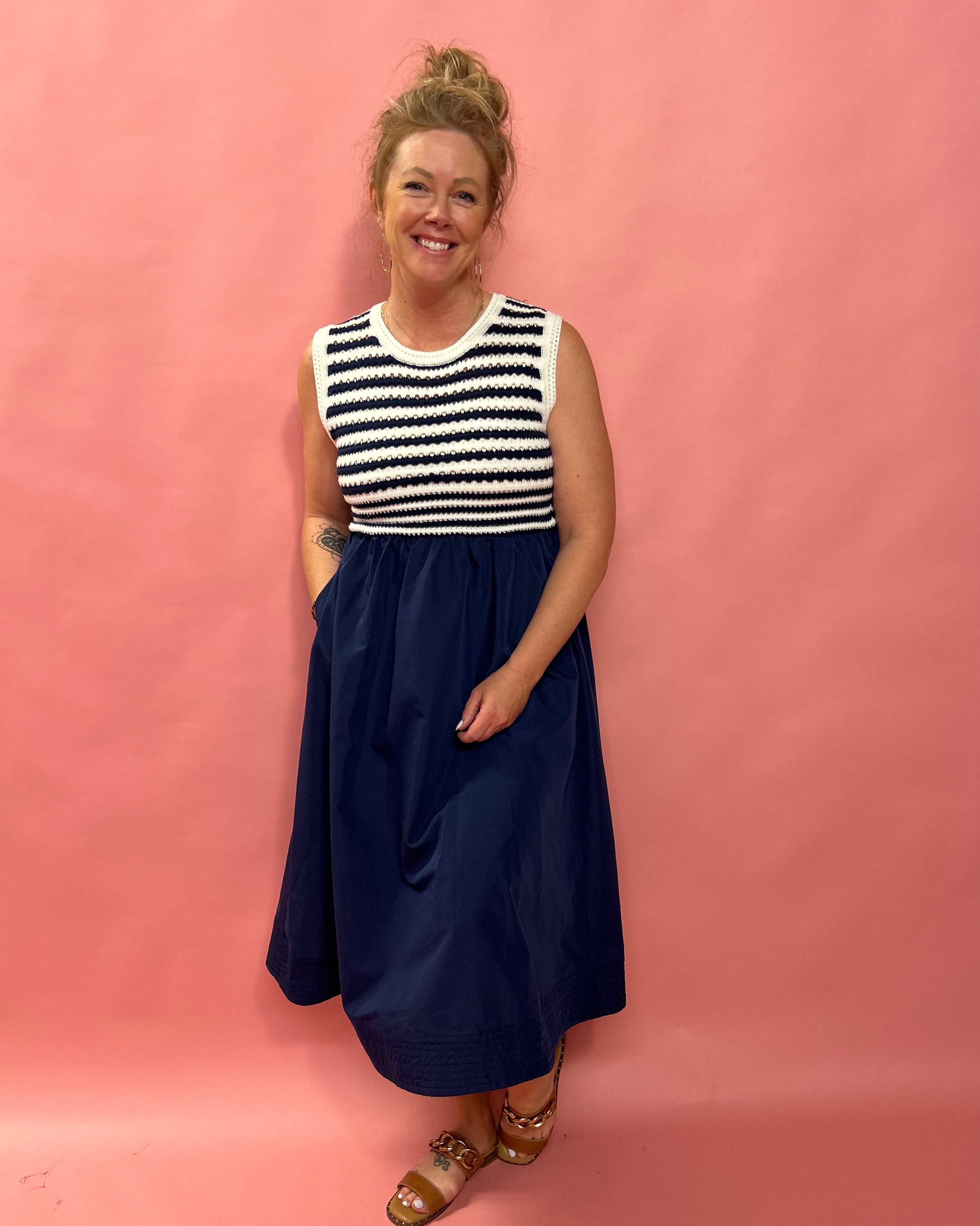 Nautical Charm: Striped Knit & Navy Twill Dress