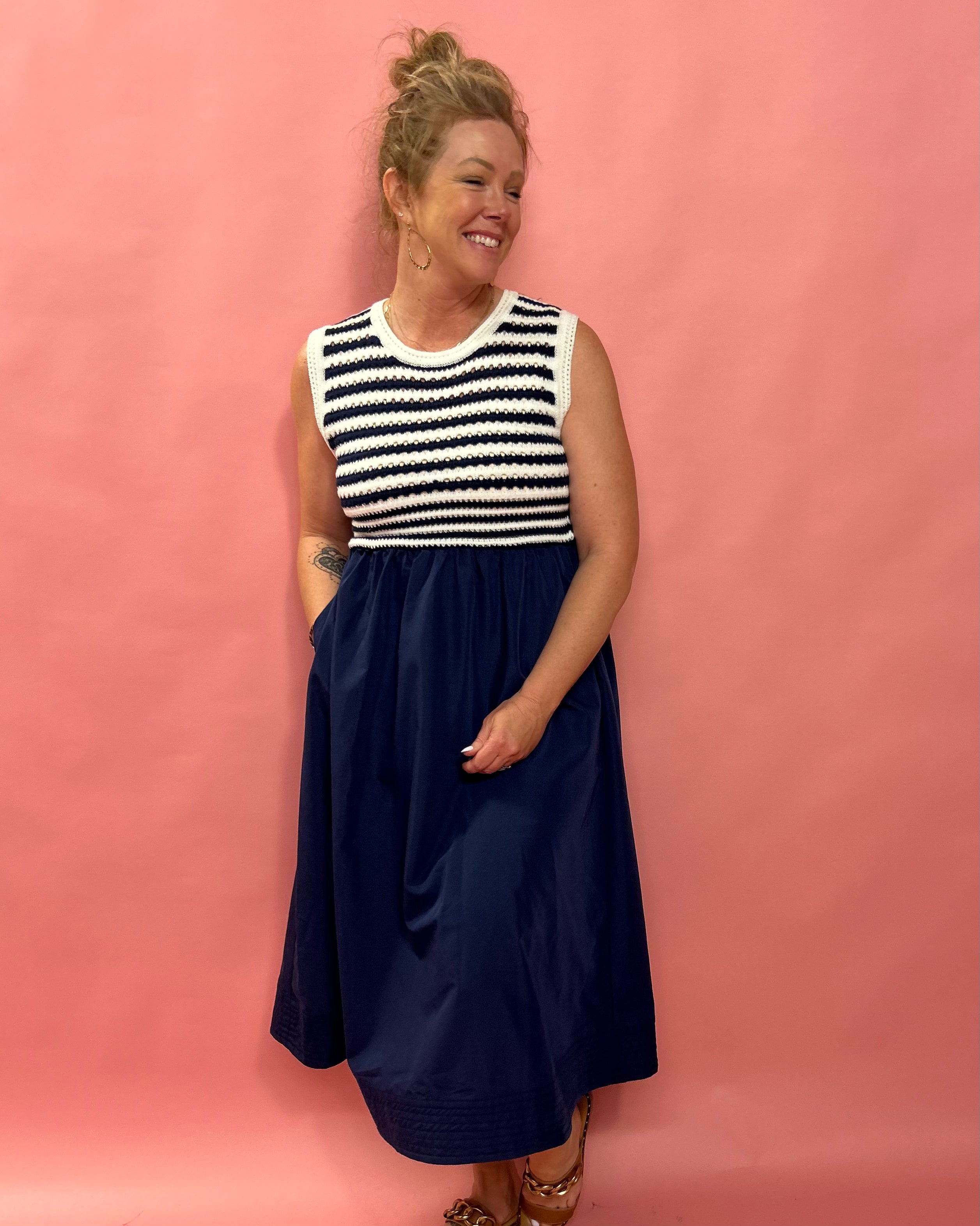 Nautical Charm: Striped Knit & Navy Twill Dress