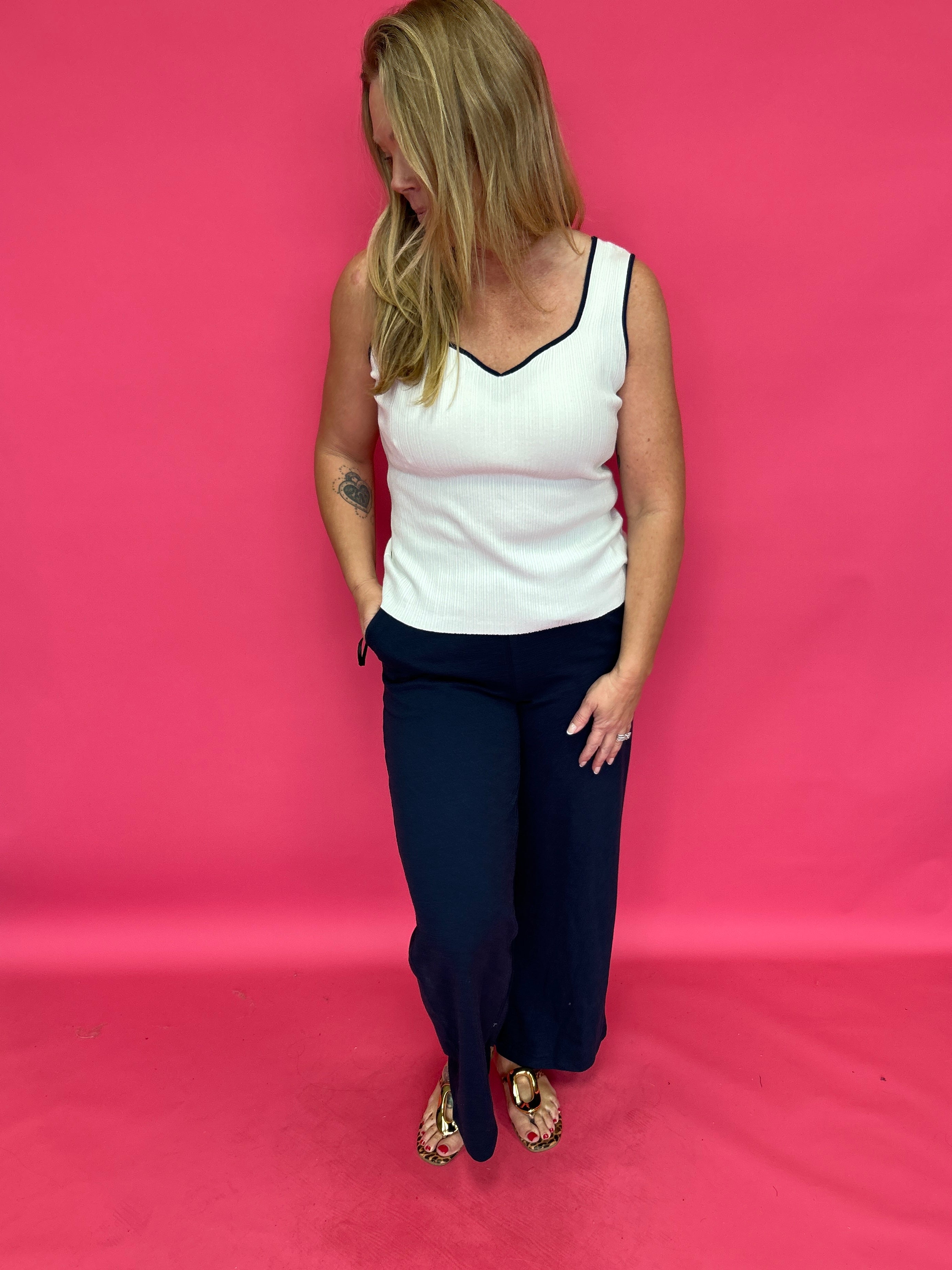 Navy White Contrast Heart Neck Sleeveless Sweater Tank Top Knit - Shabby 2 Chic Boutiques