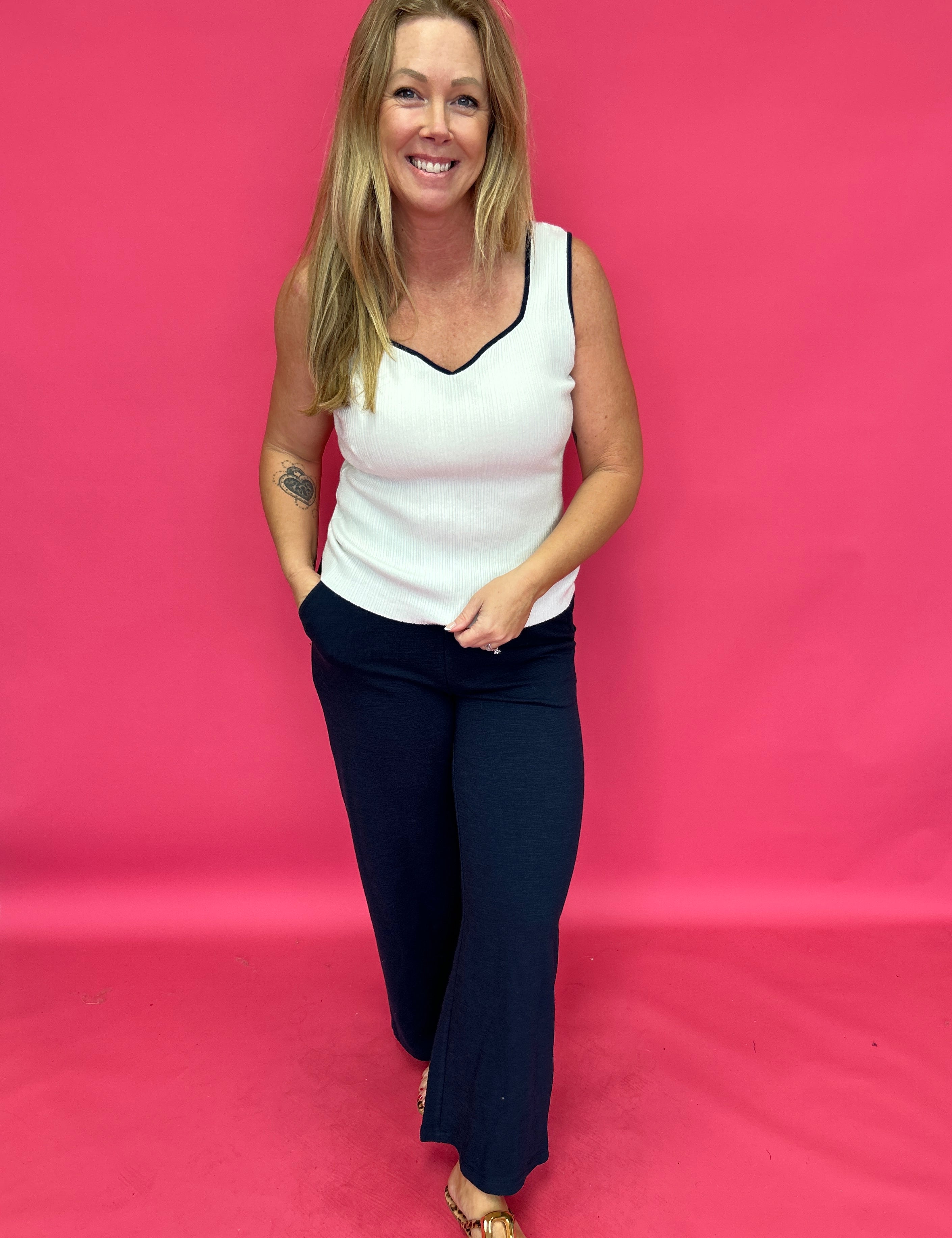 Navy White Contrast Heart Neck Sleeveless Sweater Tank Top Knit - Shabby 2 Chic Boutiques