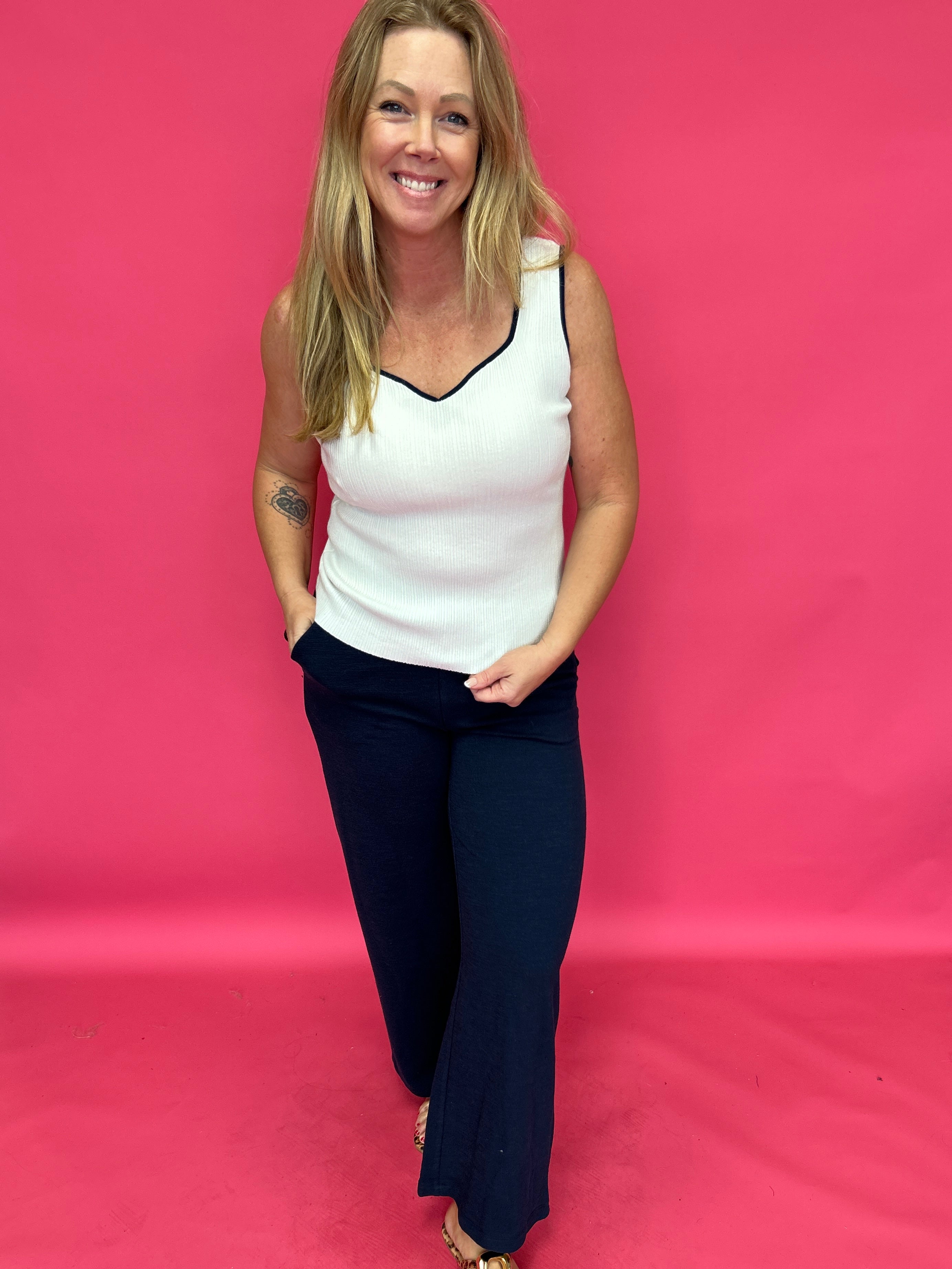 Navy White Contrast Heart Neck Sleeveless Sweater Tank Top Knit - Shabby 2 Chic Boutiques