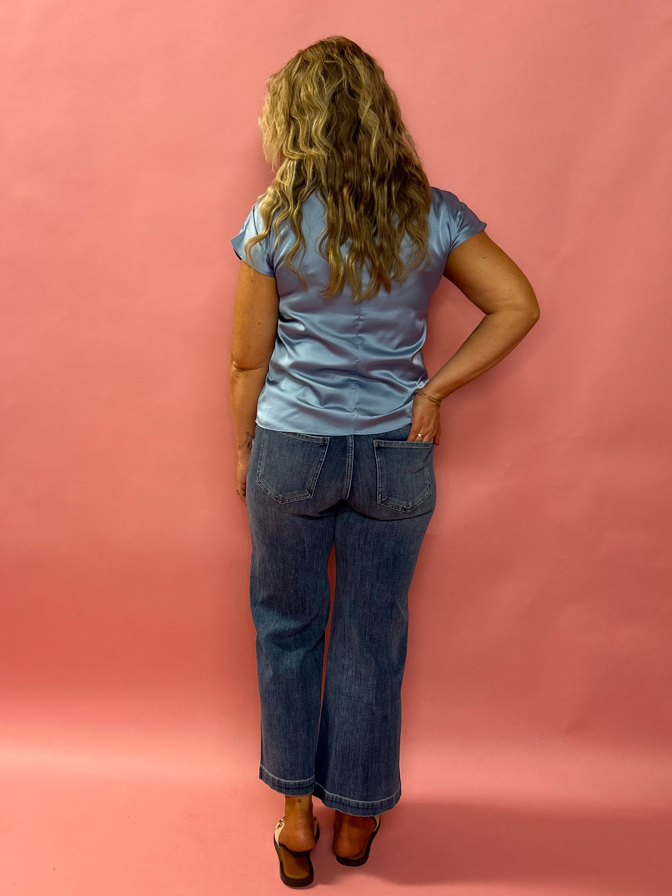 Night Out Satin Short Sleeve Blouse in Blue