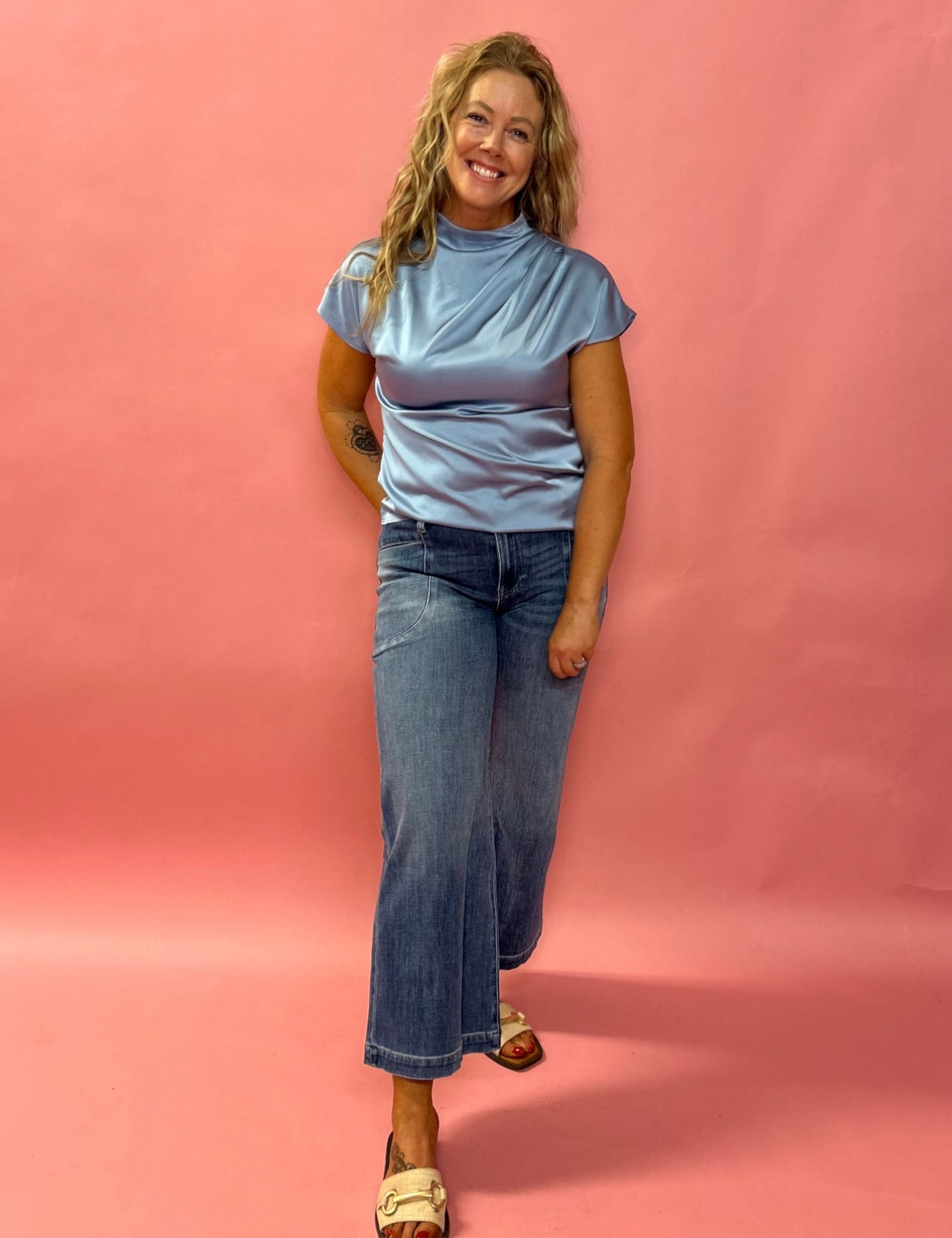 Night Out Satin Short Sleeve Blouse in Blue