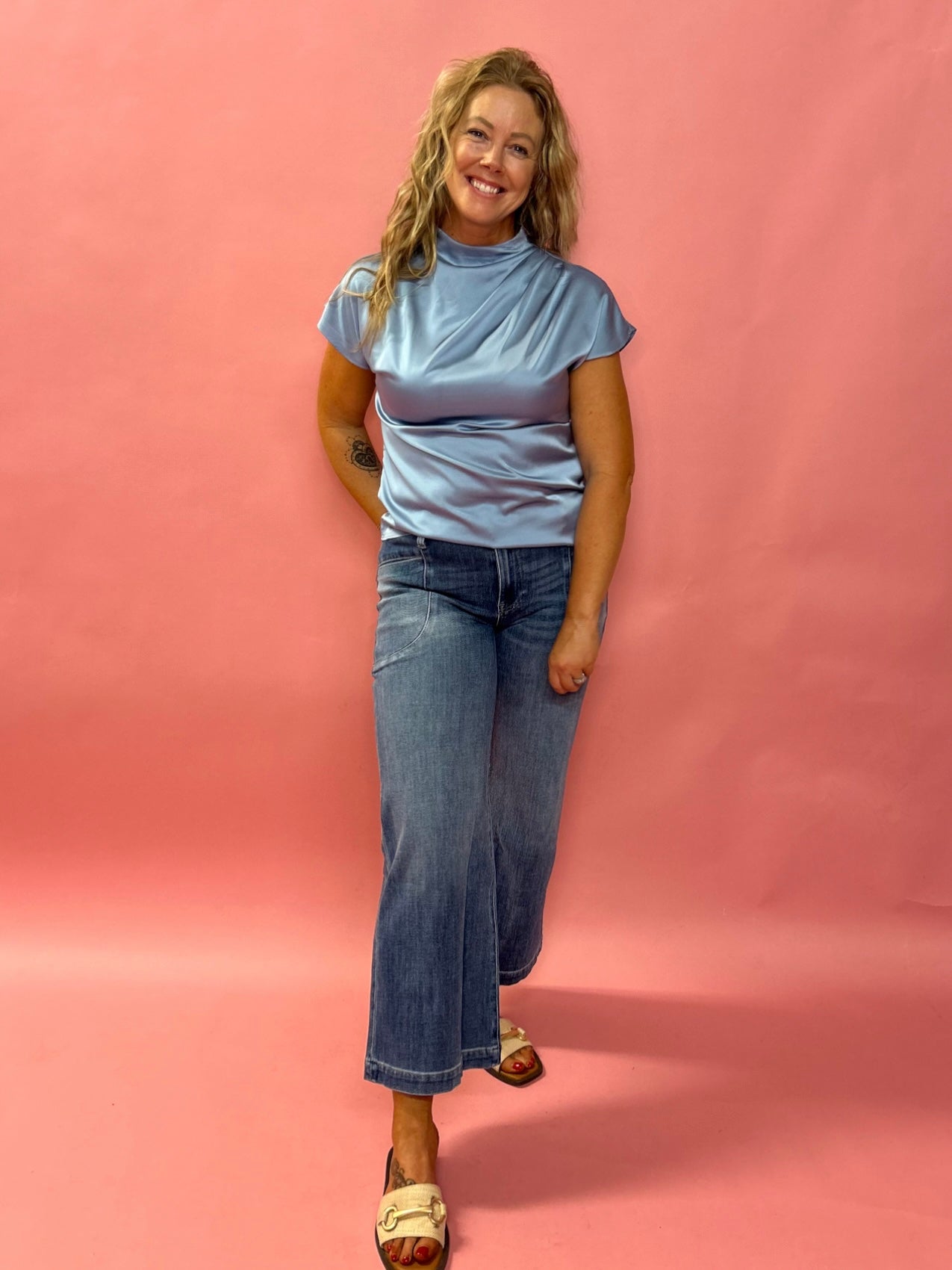 Night Out Satin Short Sleeve Blouse in Blue