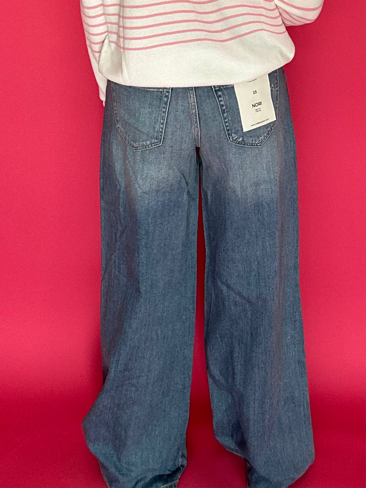 Side view showing the 33 inch inseam and full wide trouser leg in medium wash stretch denim