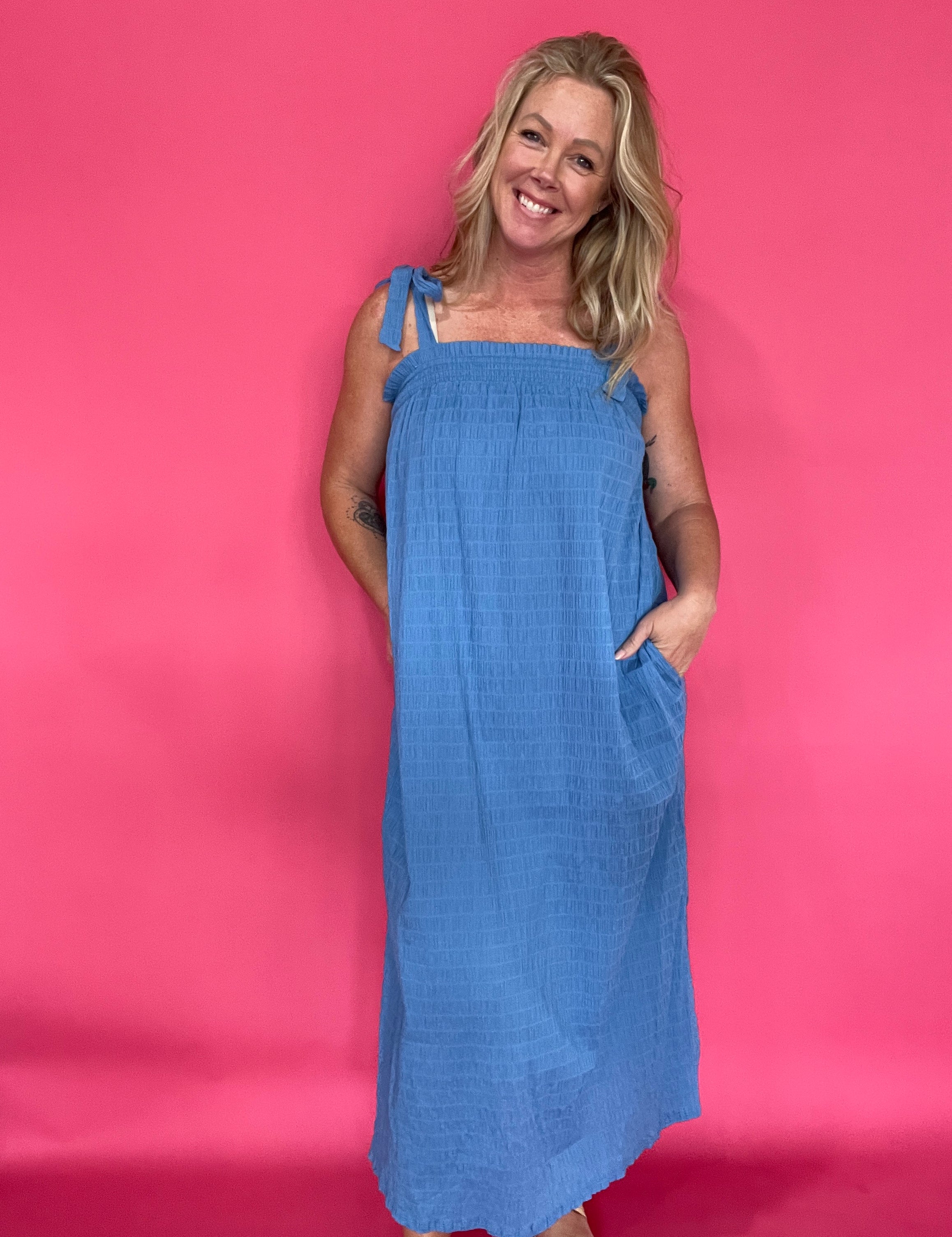 Ocean Breeze Crinkle Tie-Shoulder Midi Dress - Shabby 2 Chic Boutiques