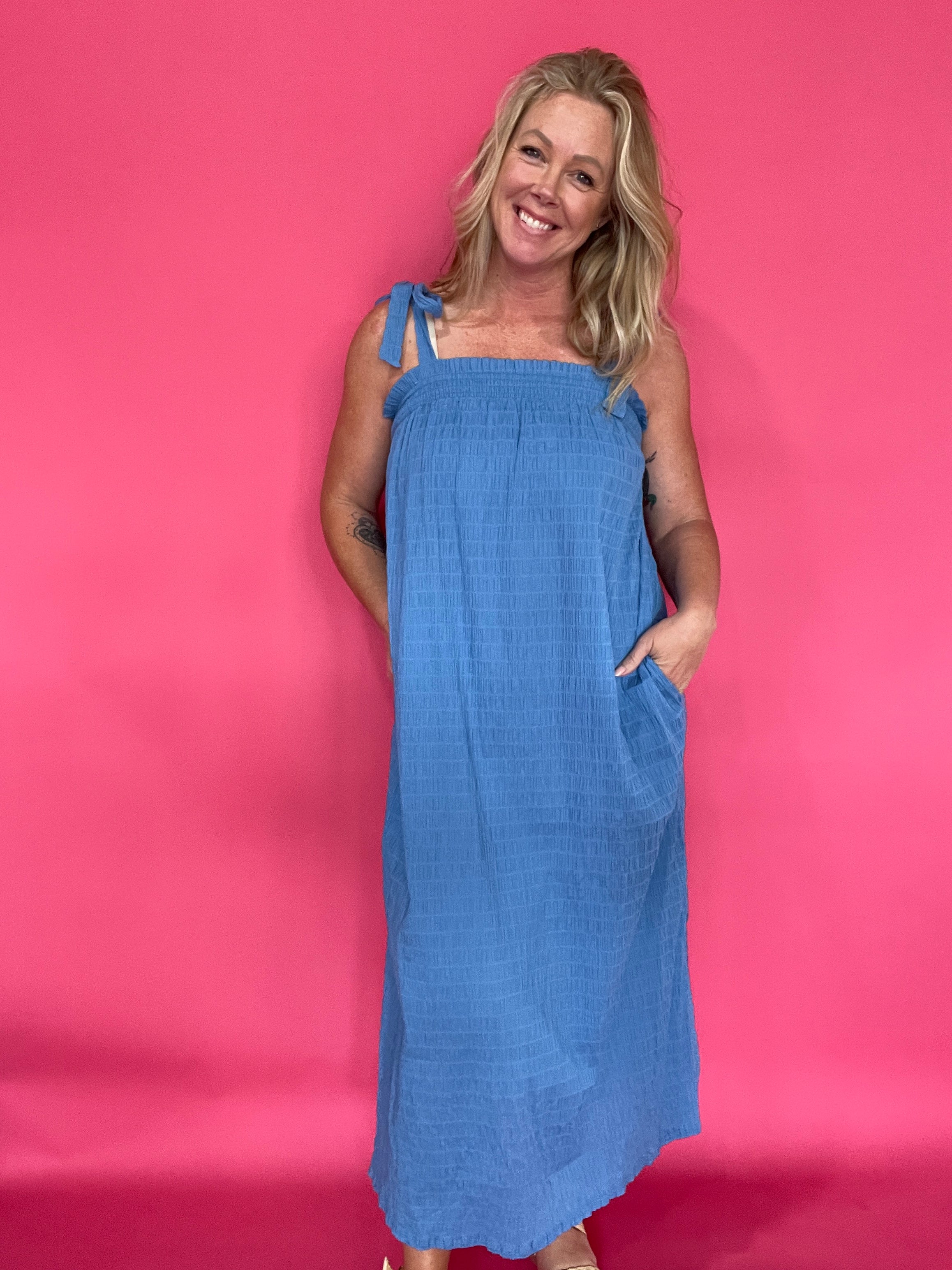 Ocean Breeze Crinkle Tie-Shoulder Midi Dress - Shabby 2 Chic Boutiques