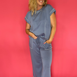 Side view of the matching lounge set showing the side pocket and drawstring waistband