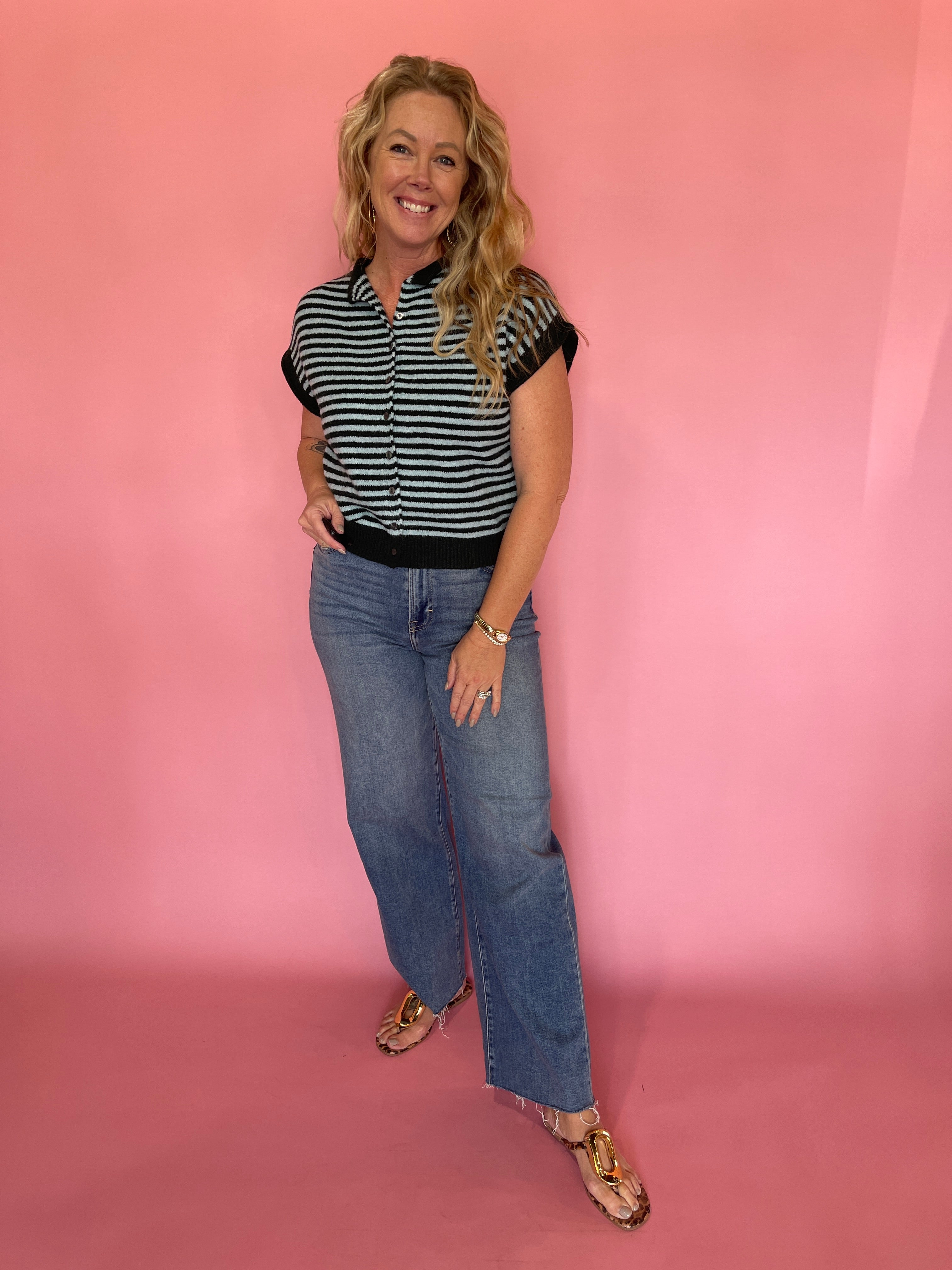 Off the Cuff Striped Cap Sleeve Knit Top