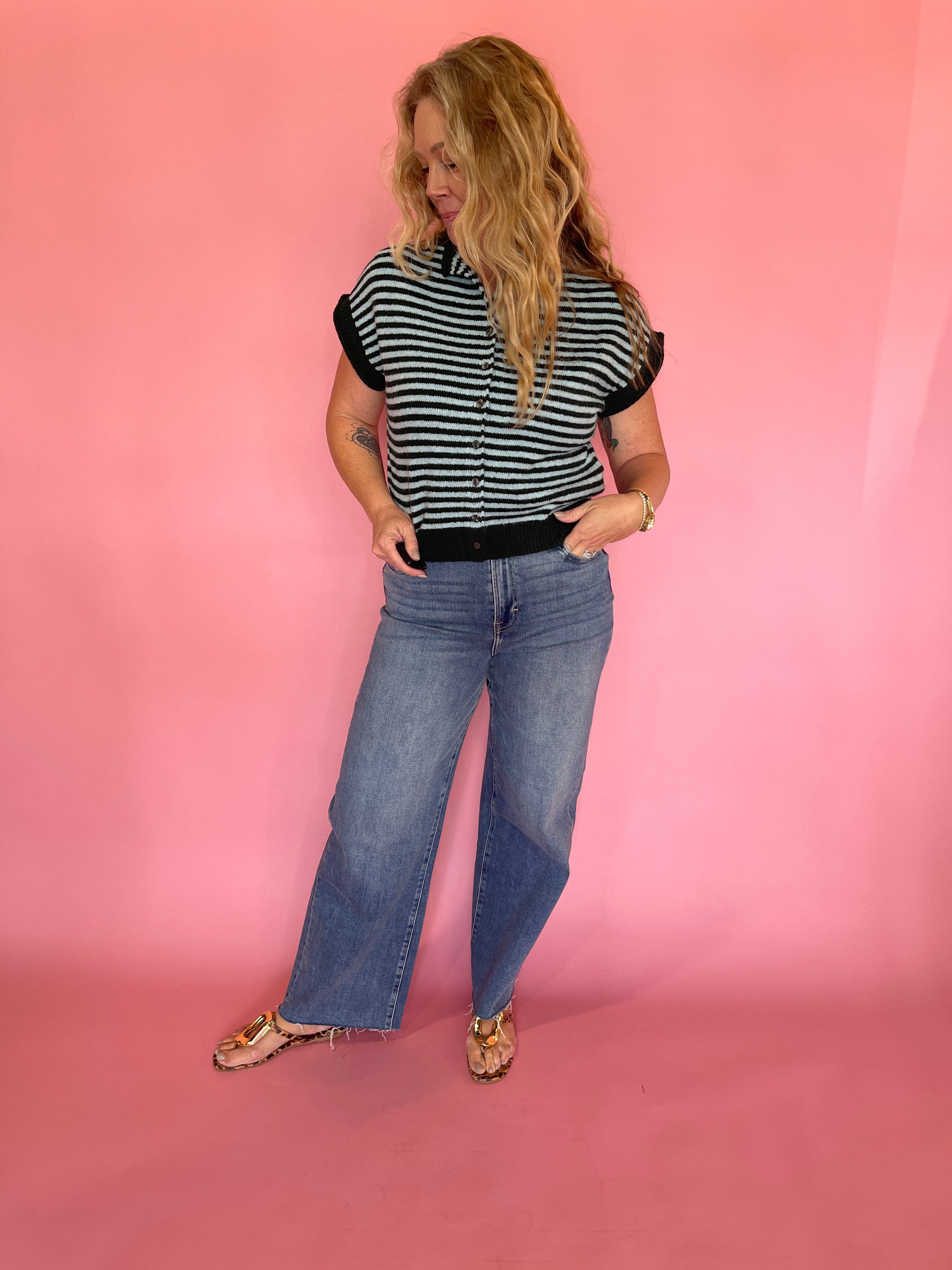 Off the Cuff Striped Cap Sleeve Knit Top
