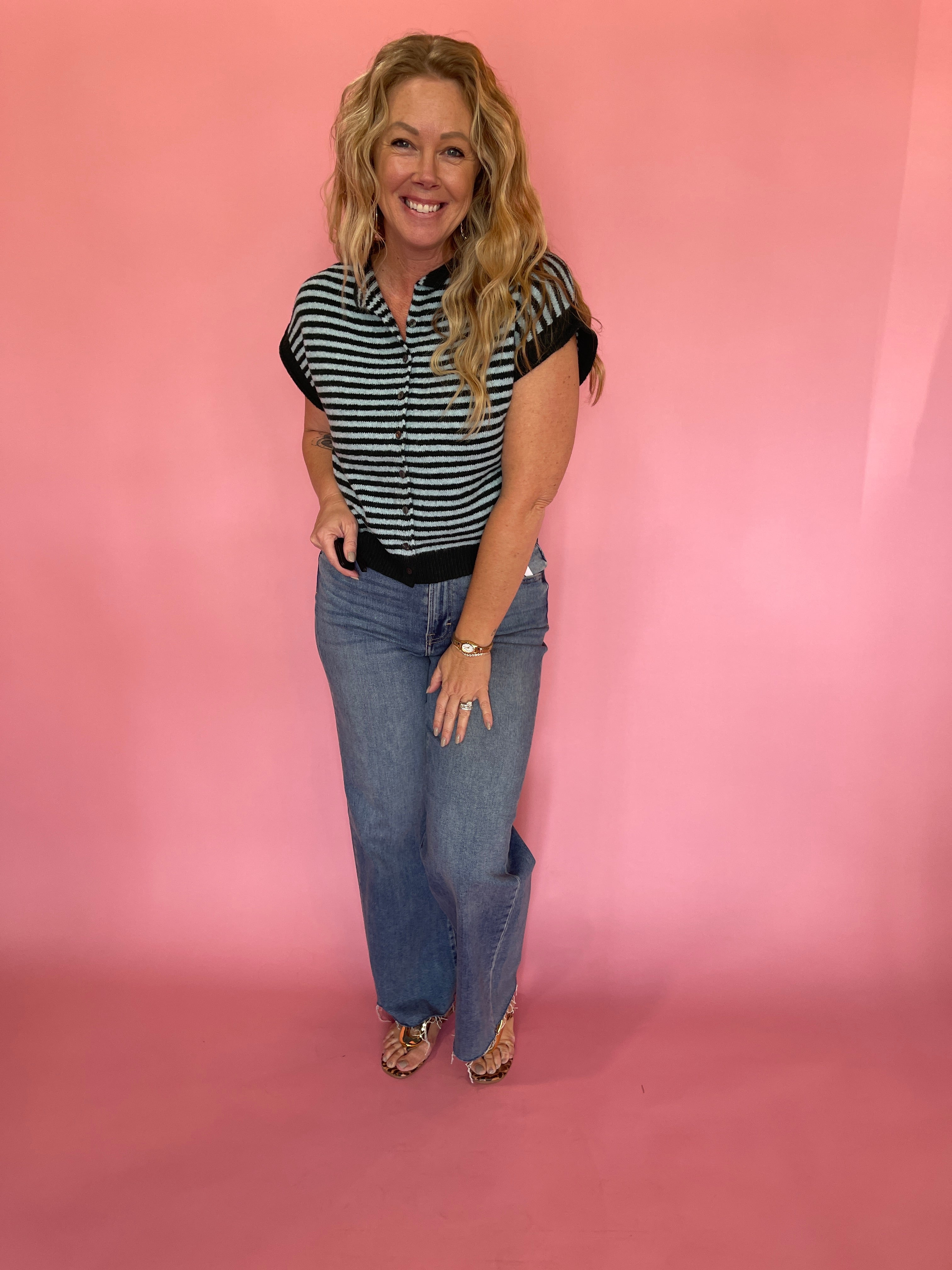 Off the Cuff Striped Cap Sleeve Knit Top