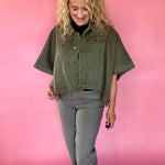Olive Denim Cape Sleeve Cropped Jacket