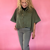 Olive Denim Cape Sleeve Cropped Jacket