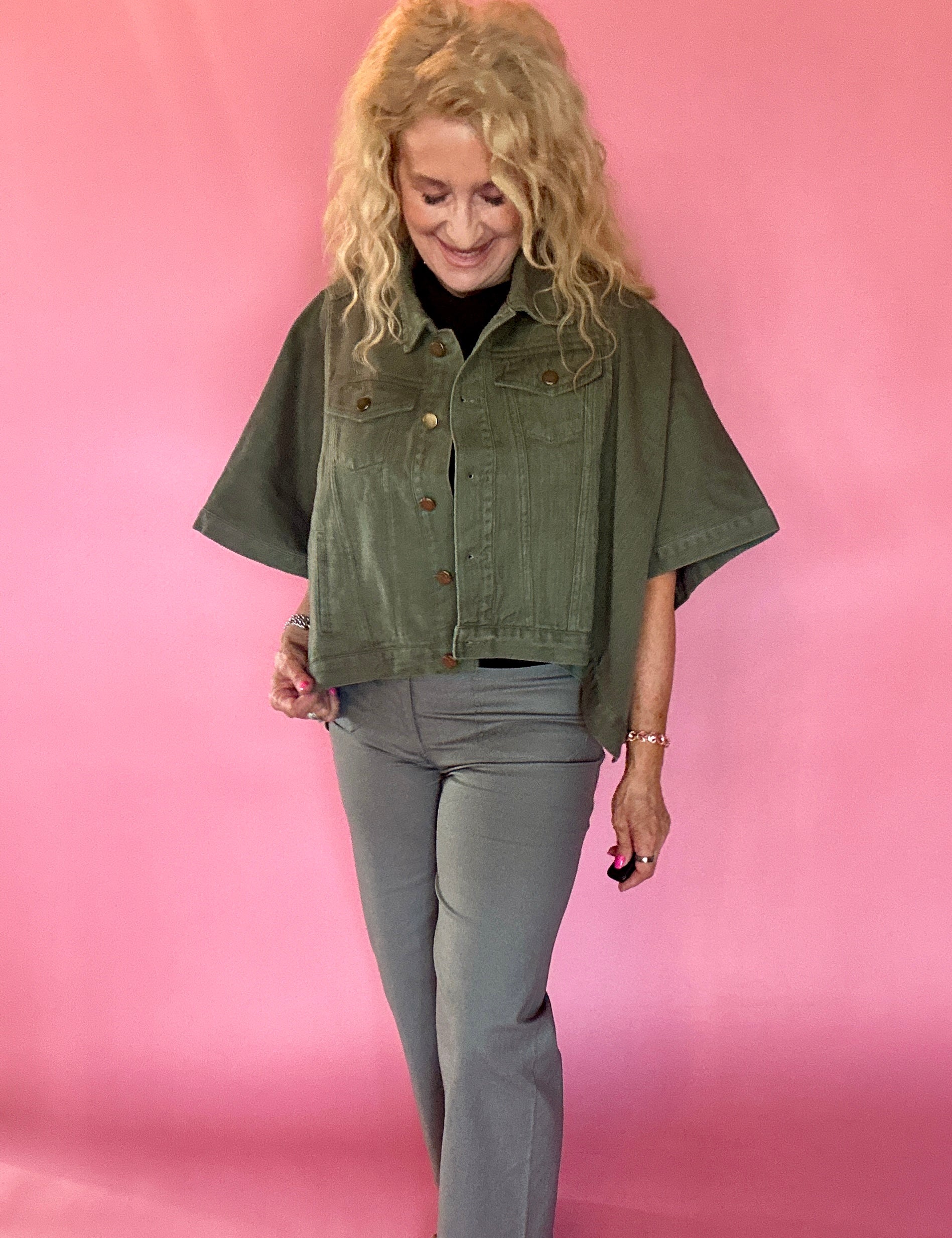 Olive Denim Cape Sleeve Cropped Jacket