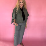 Olive Denim Cape Sleeve Cropped Jacket