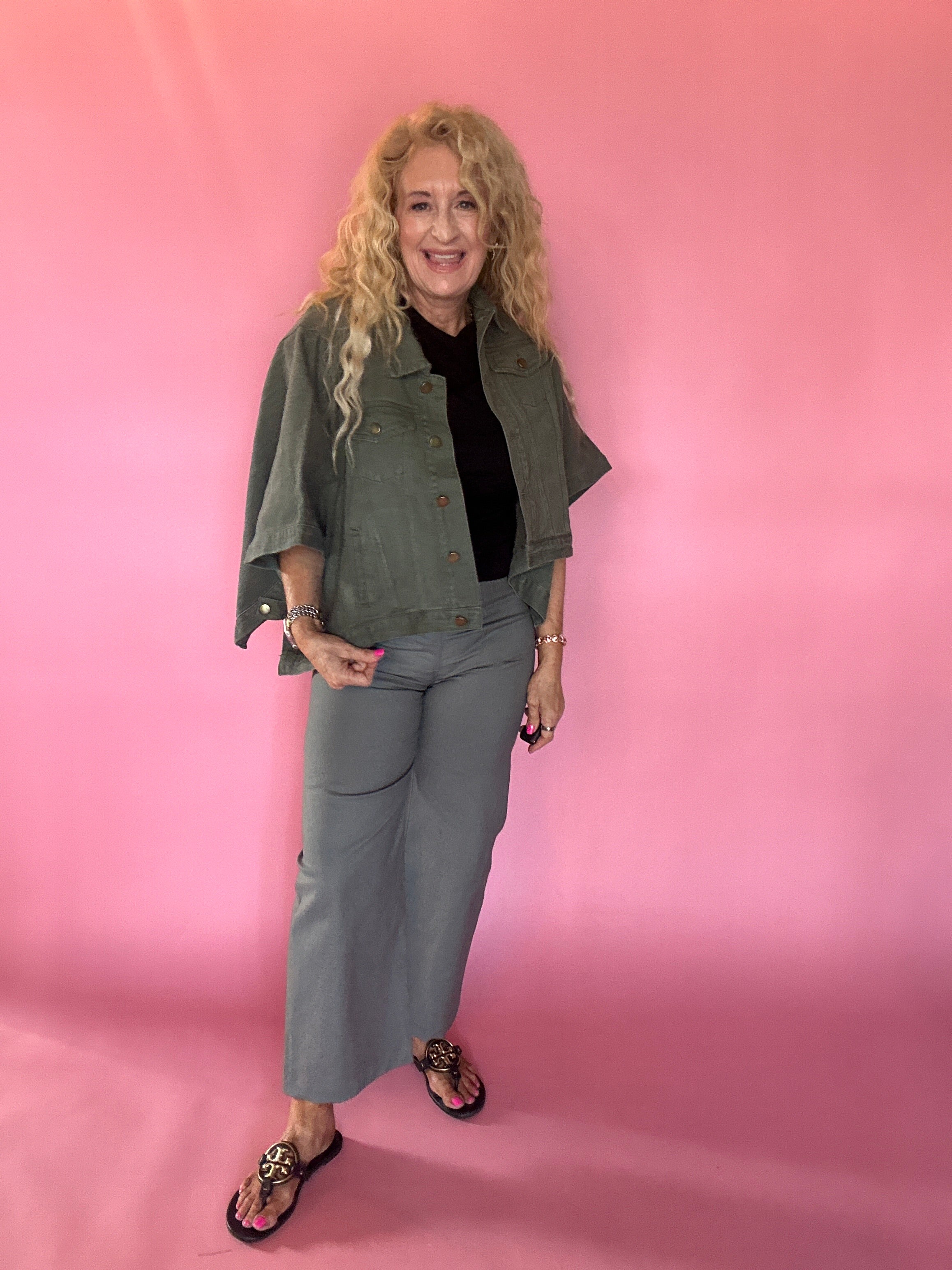 Olive Denim Cape Sleeve Cropped Jacket