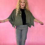 Olive Denim Cape Sleeve Cropped Jacket
