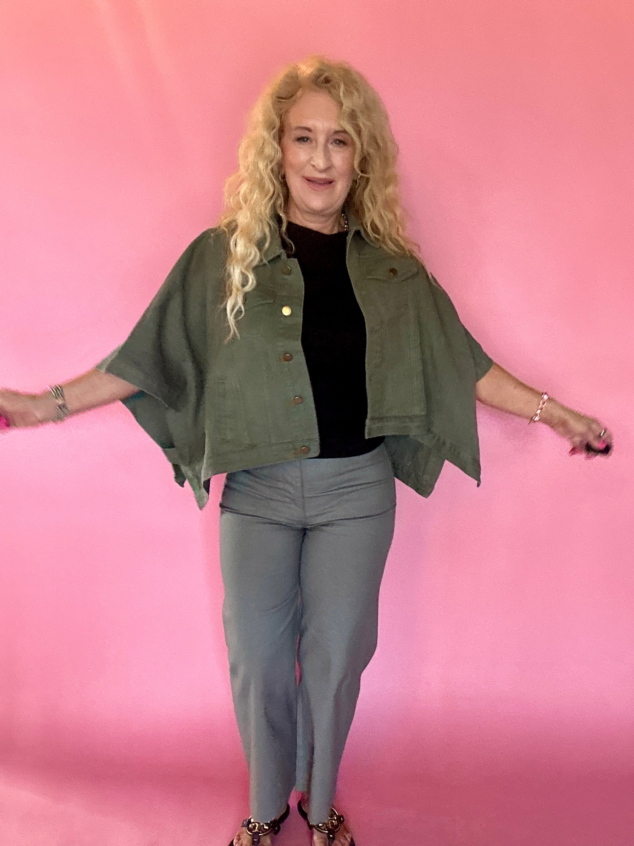 Olive Denim Cape Sleeve Cropped Jacket