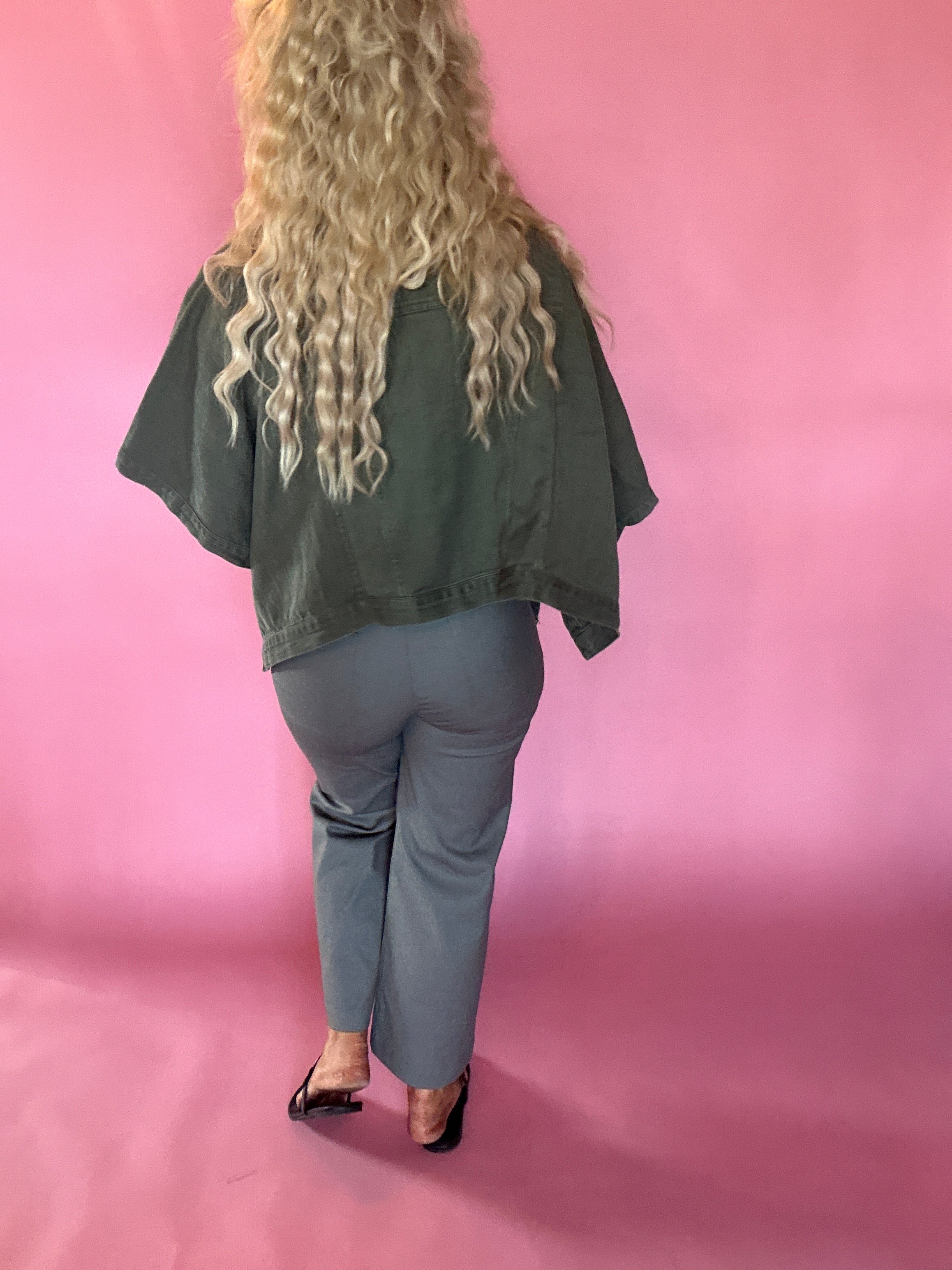 Olive Denim Cape Sleeve Cropped Jacket