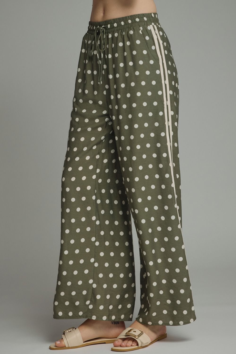 Olive Dot Side-Stripe Wide-Leg Pants