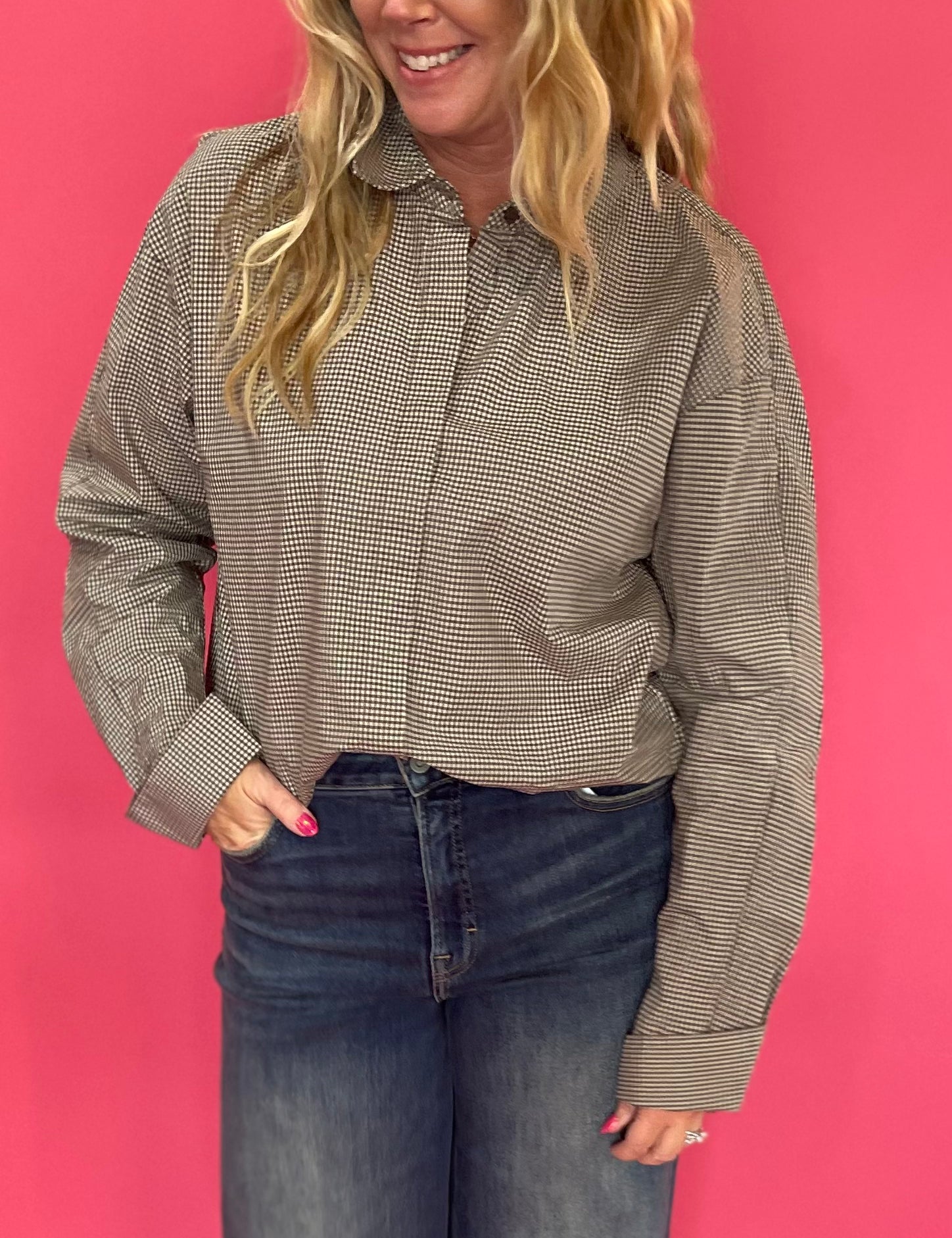 On Duty Gingham Button Up Top