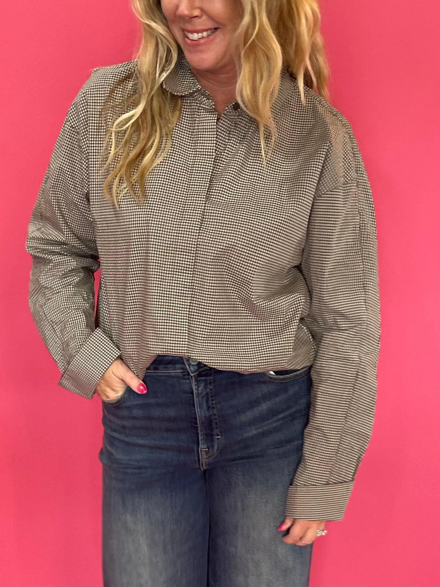 On Duty Gingham Button Up Top