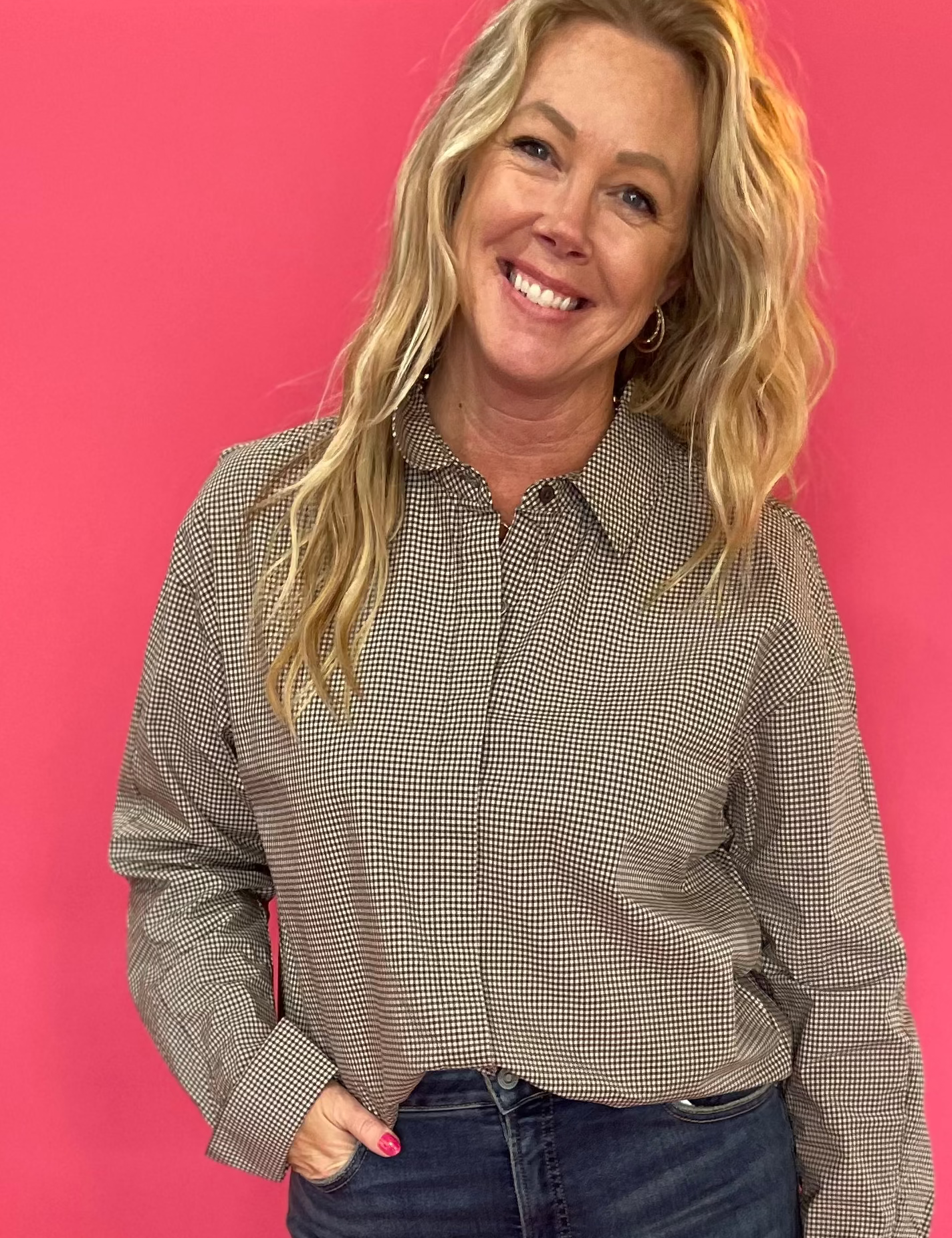 On Duty Gingham Button Up Top