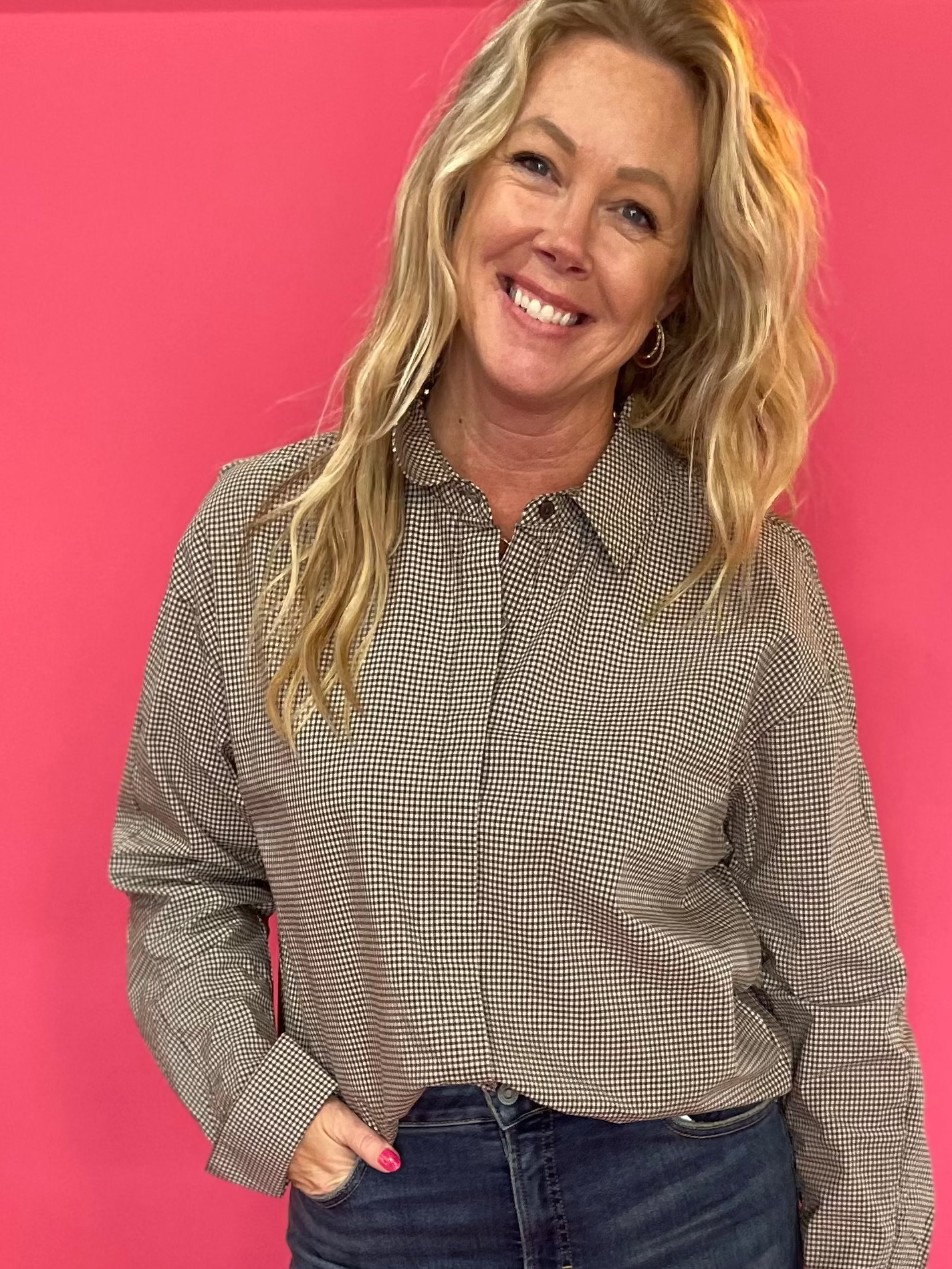 On Duty Gingham Button Up Top