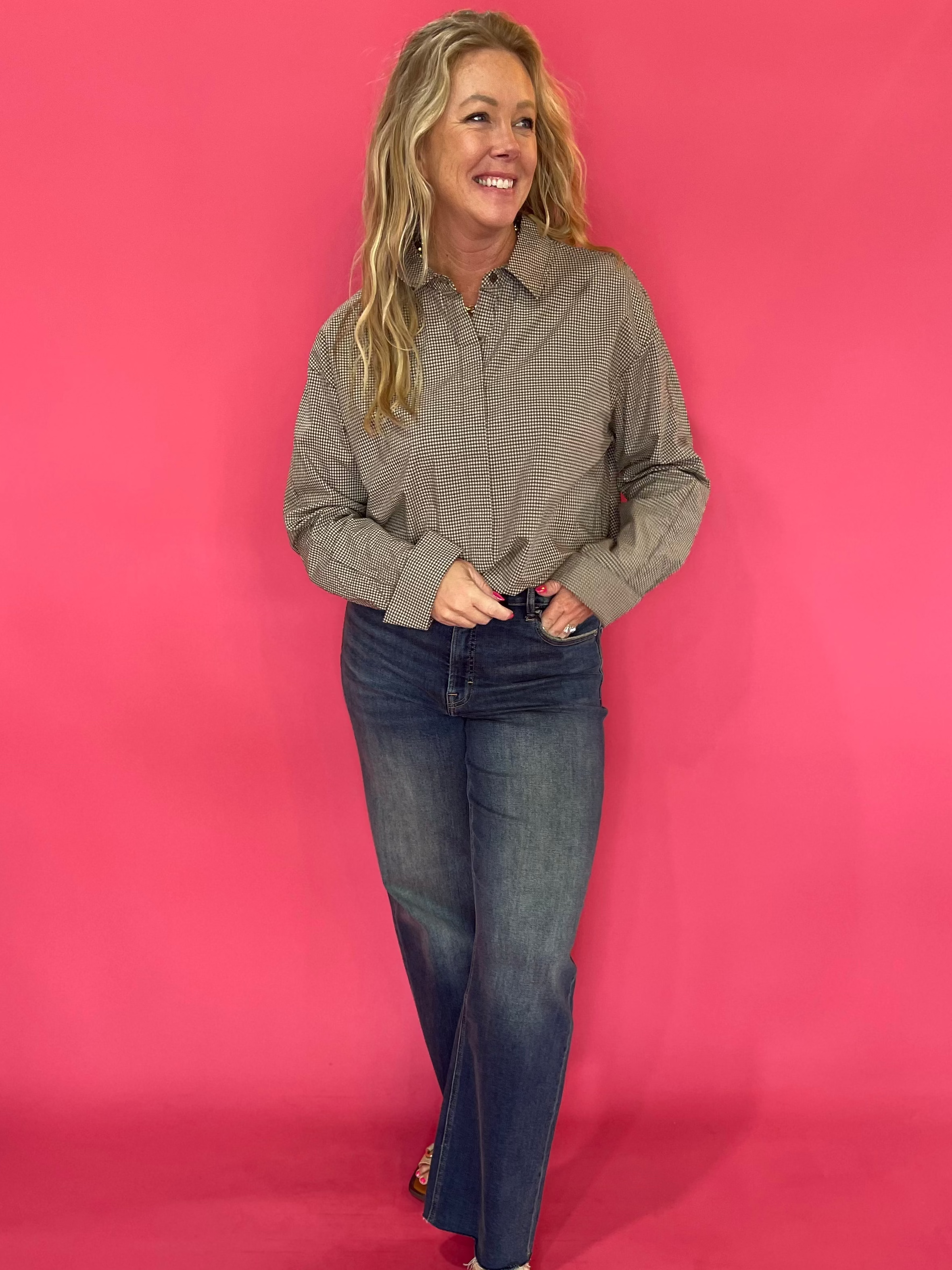 On Duty Gingham Button Up Top