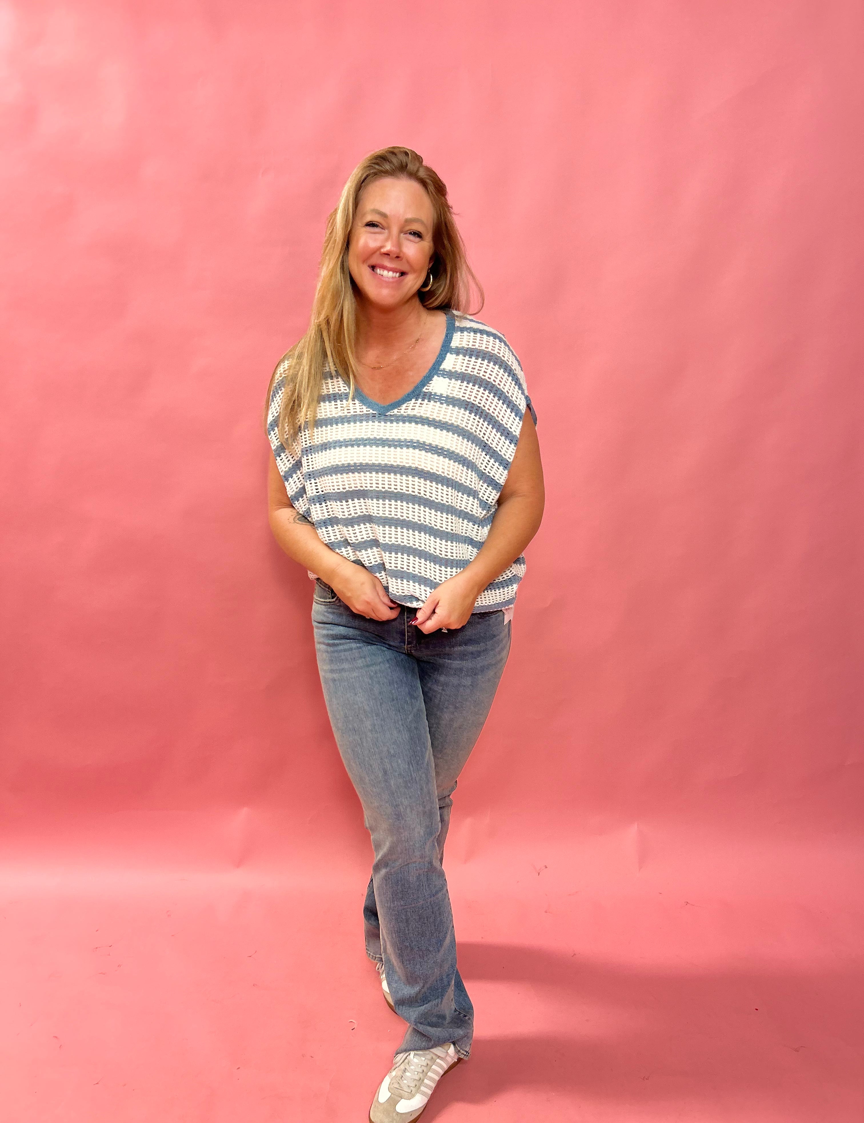 Oversized V-Neck Striped Sweater Top