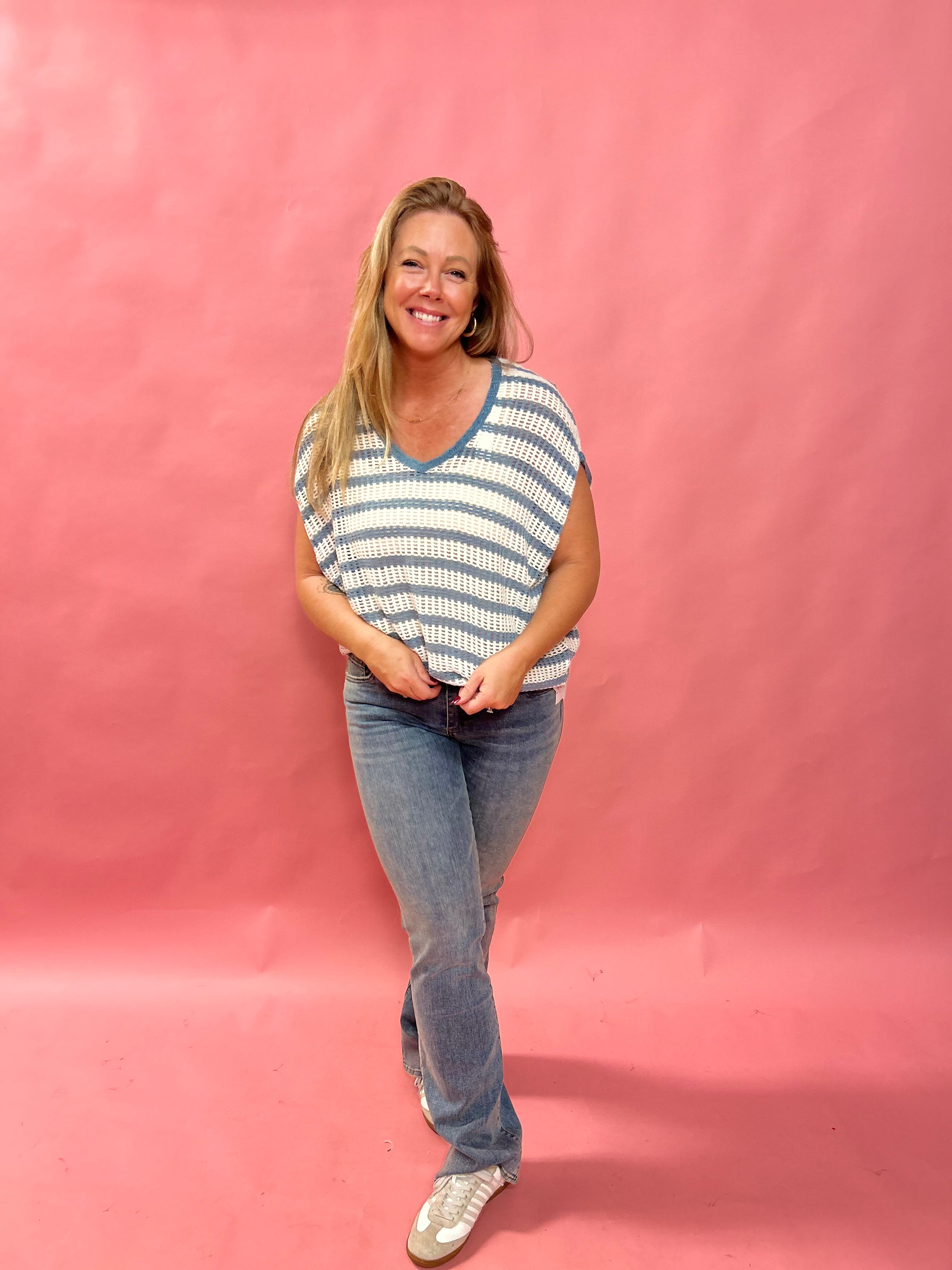 Oversized V-Neck Striped Sweater Top