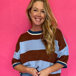 Oversized Wide Stripe Short Sleeve Sweater Top in Blue/Brown