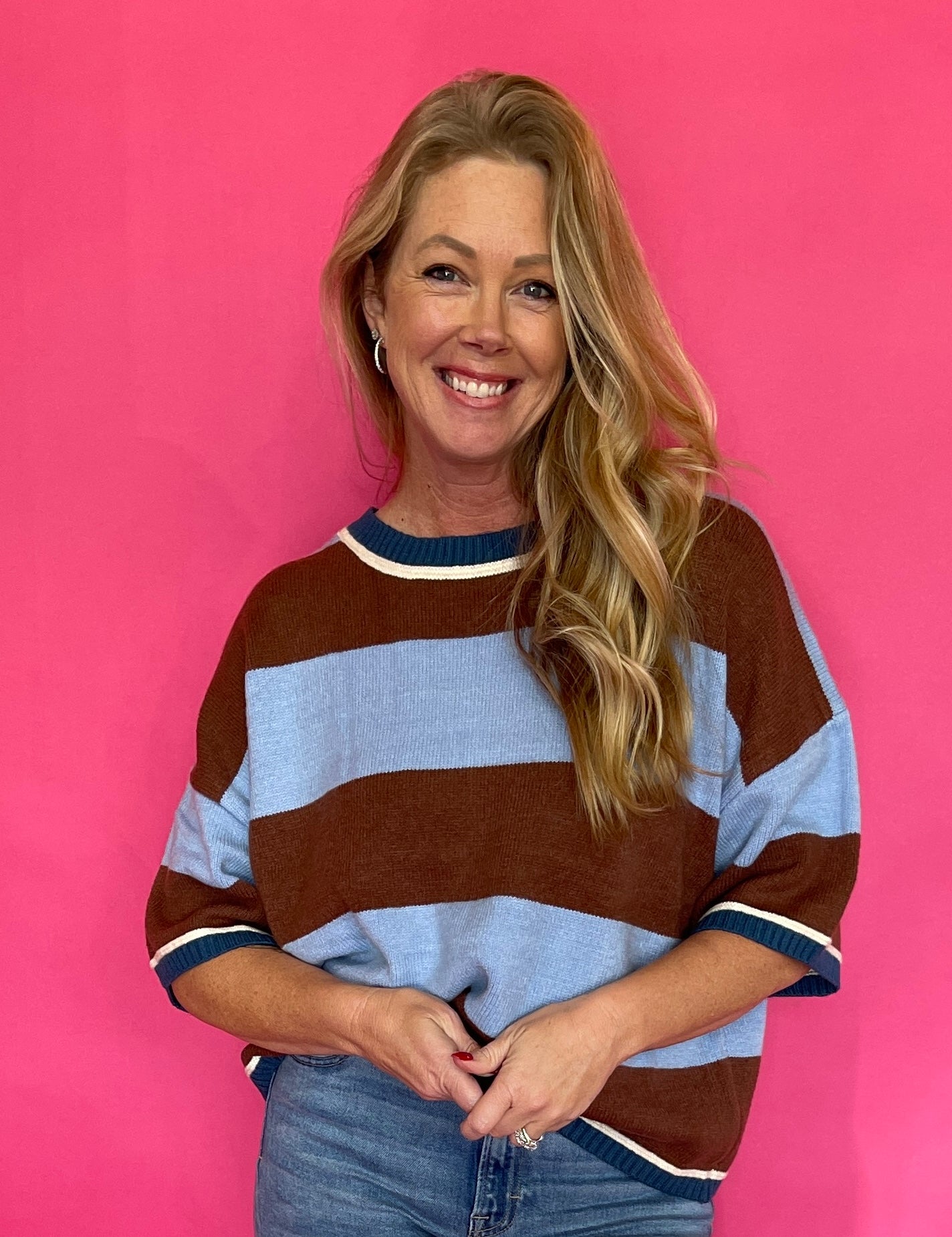 Oversized Wide Stripe Short Sleeve Sweater Top in Blue/Brown